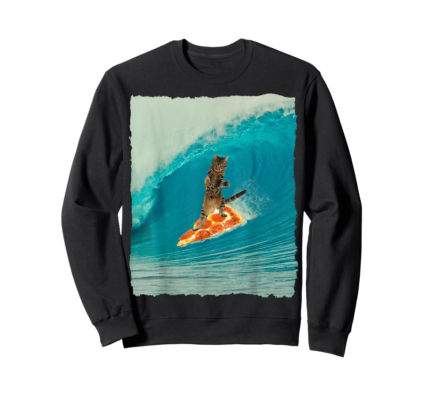 Surf Cat Shirt Kitty Riding a Wave with a Pizza Surf Board T Men Women Girls Kids T-Shirt