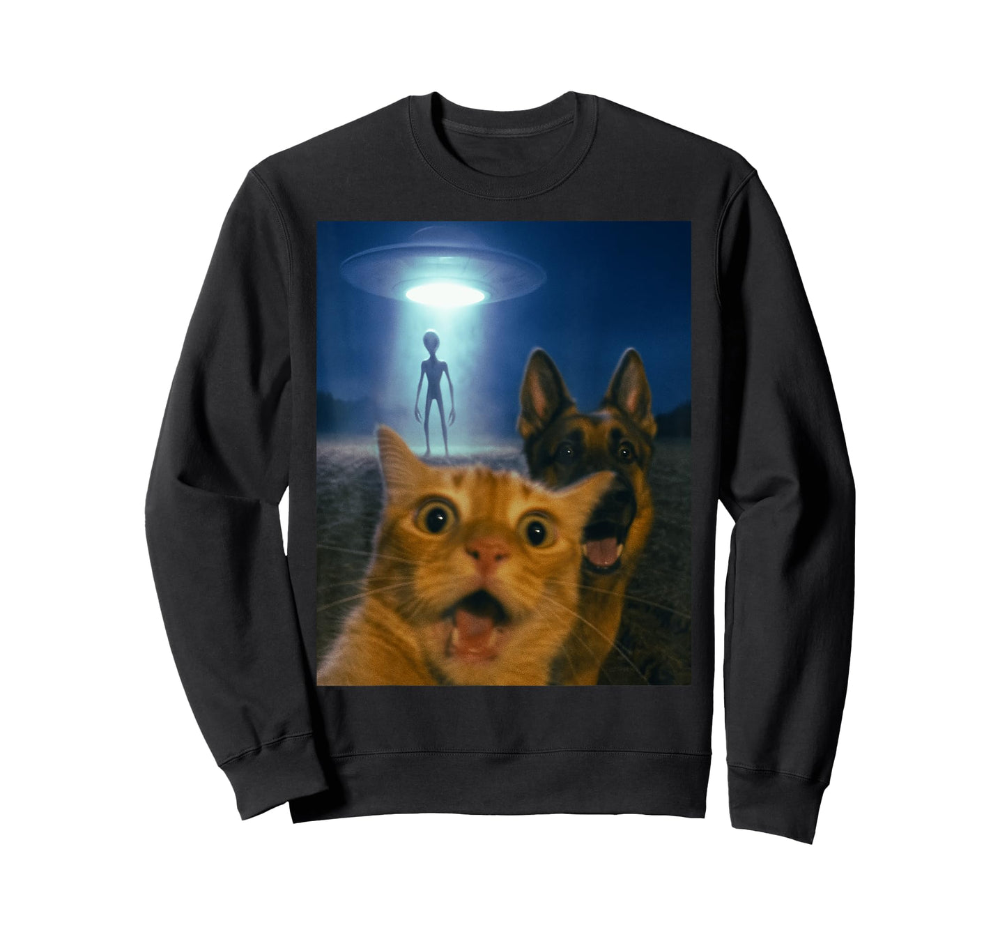 Cat and Dog Alien Selfie UFO Abduction Night Scene Funny T-Shirt