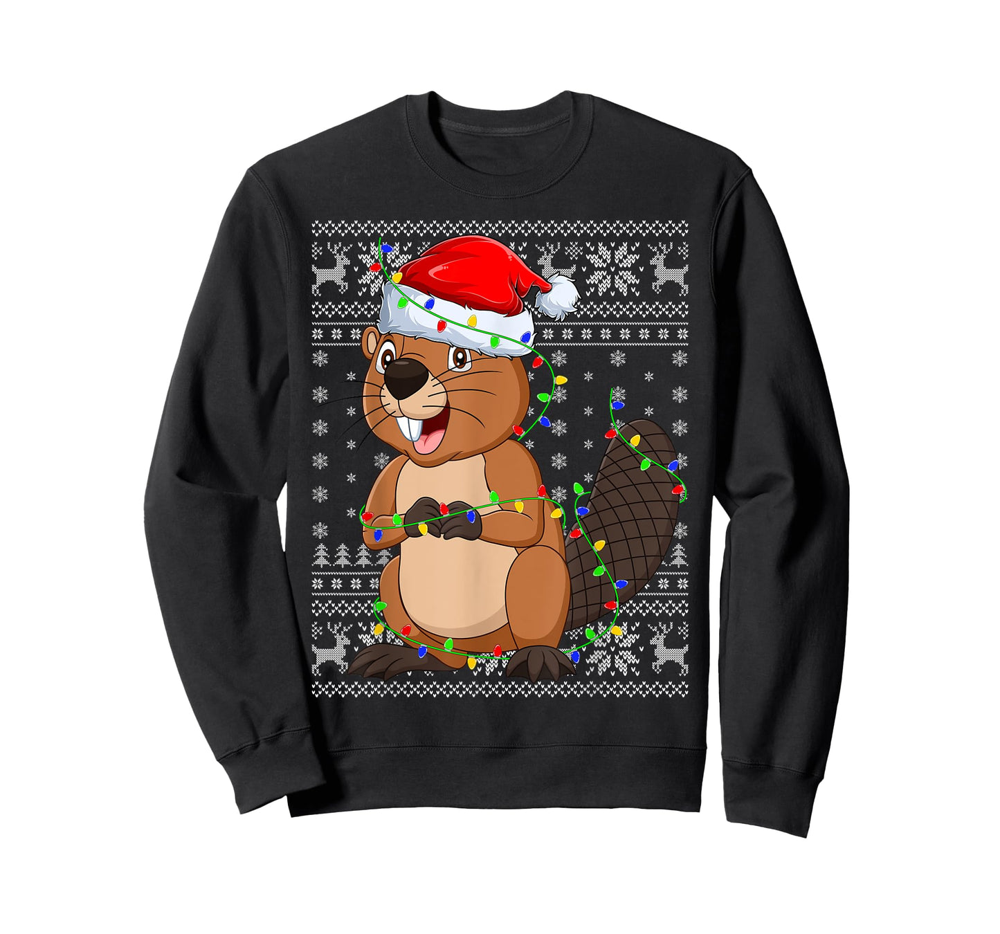 Ugly Sweater Xmas Lights Santa Hat Beaver Christmas T-Shirt