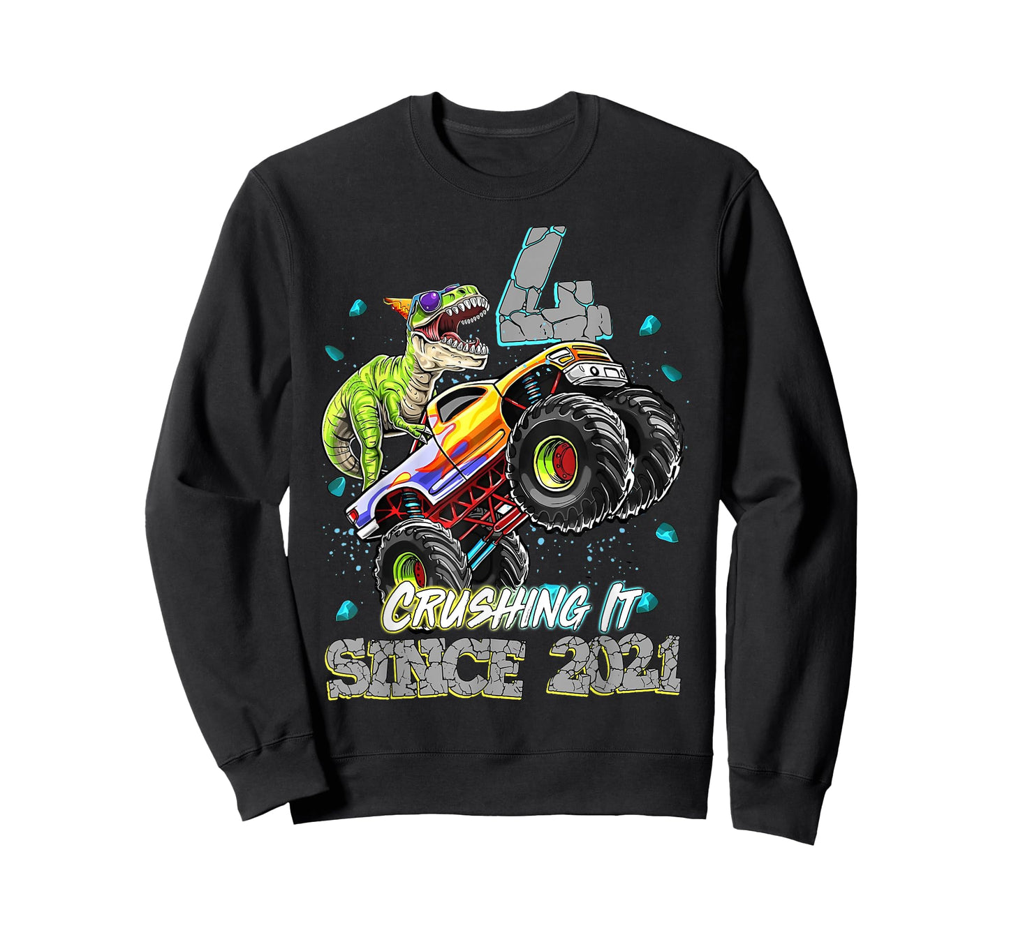 4th Birthday Since 2021 Monster Truck Dinosaur Birthday Boy T-Shirt