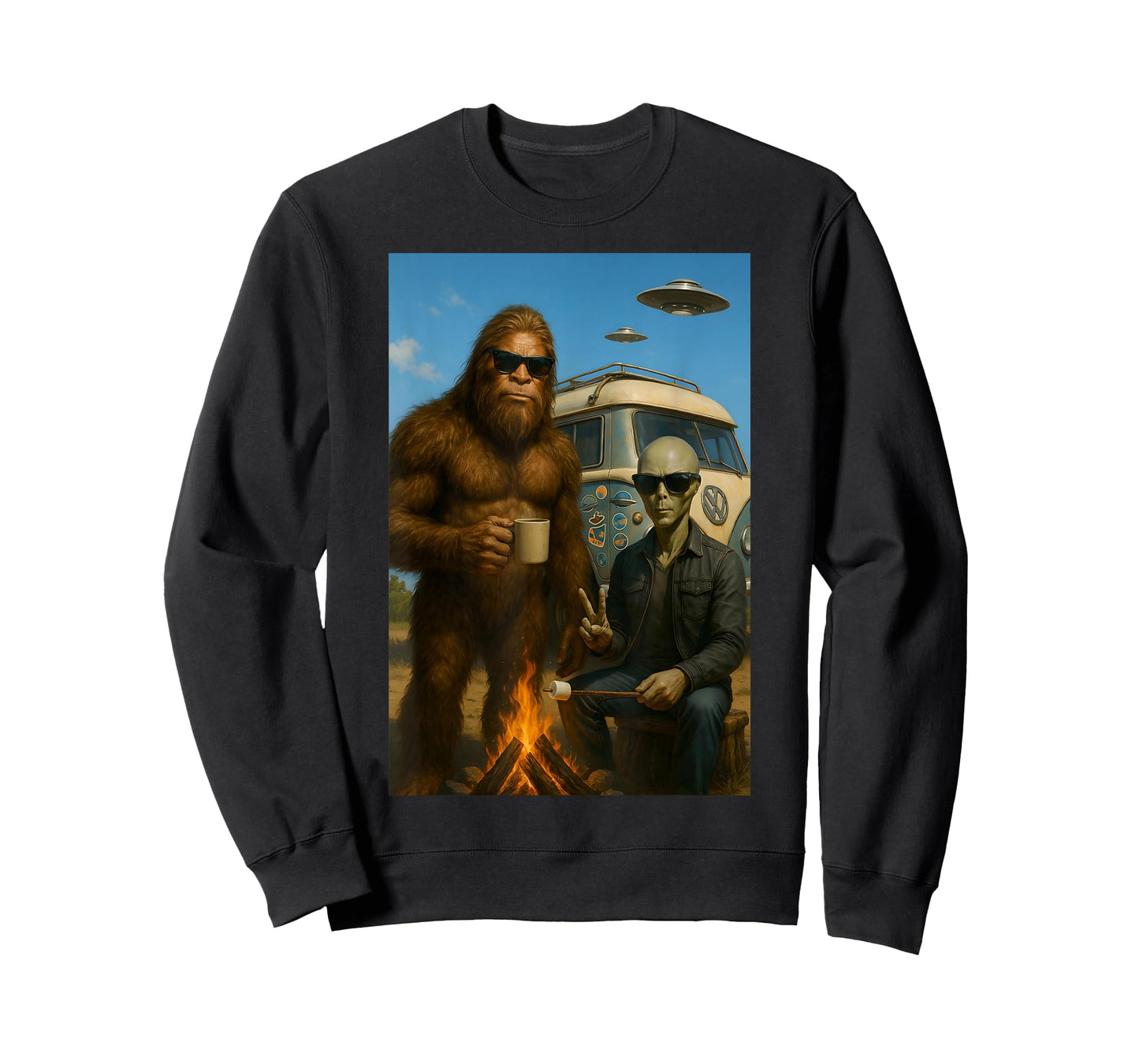 Bigfoot and Alien Camping with UFO T-Shirt