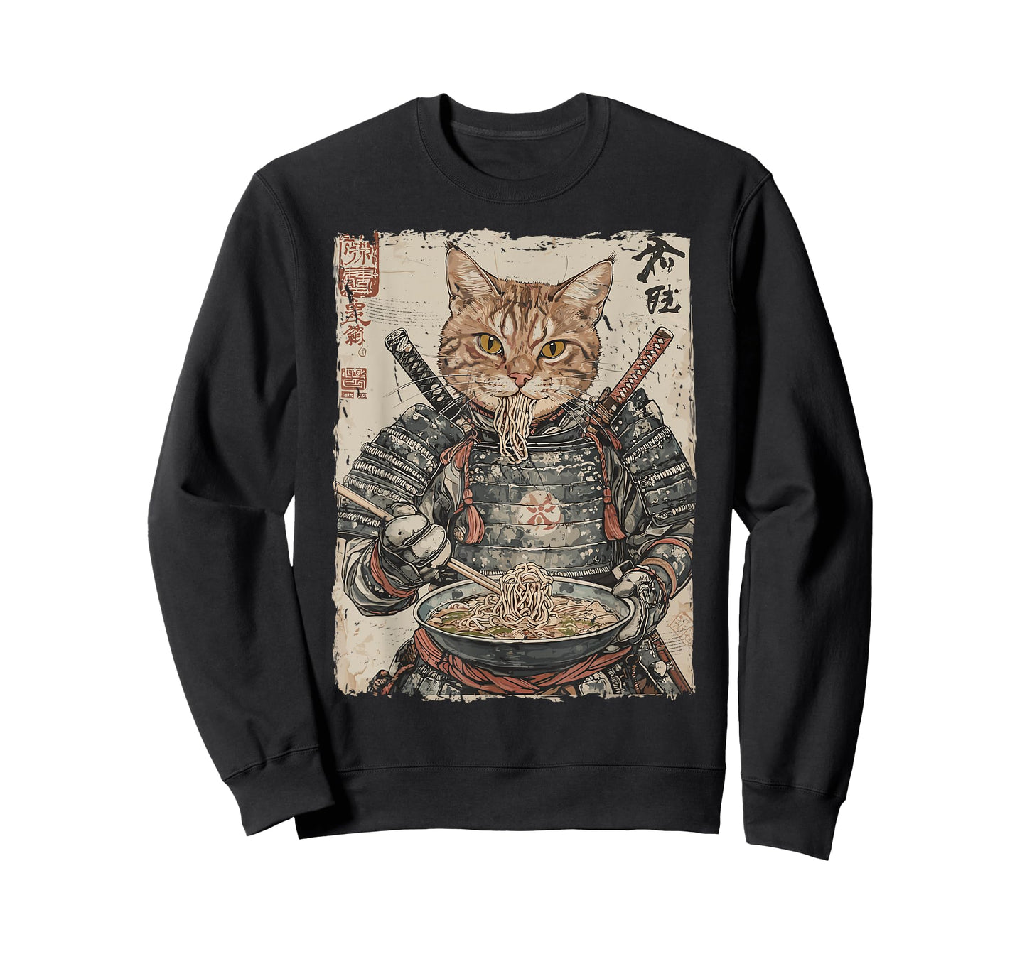 Samurai Cat Loves Ramen Funny Anime Japanese Artwork Samurai T-Shirt