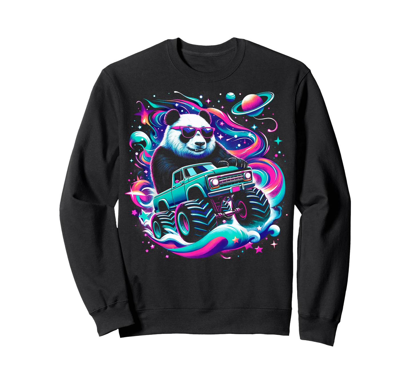 Cool Giant Panda Driving Monster Truck in Cosmic Space T-Shirt