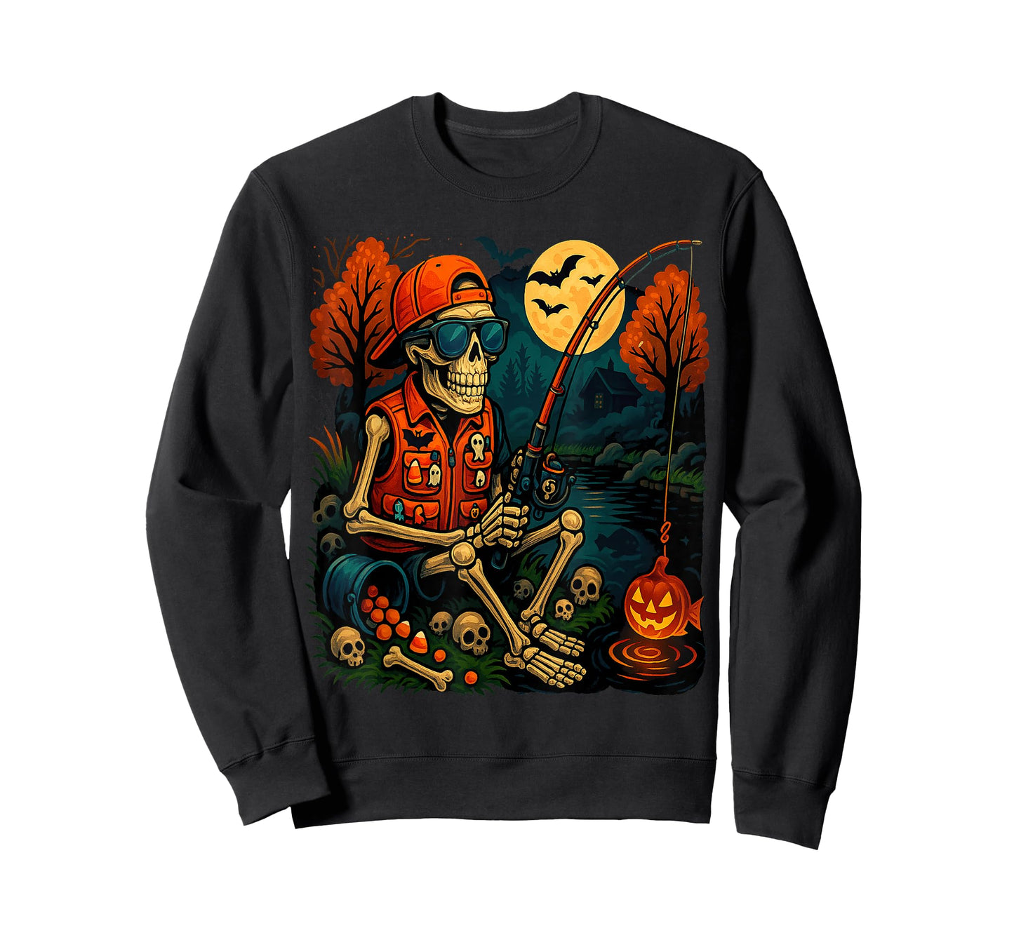 Skeleton Fishing Halloween Costume Funny Fish Men Boys Kids T-Shirt