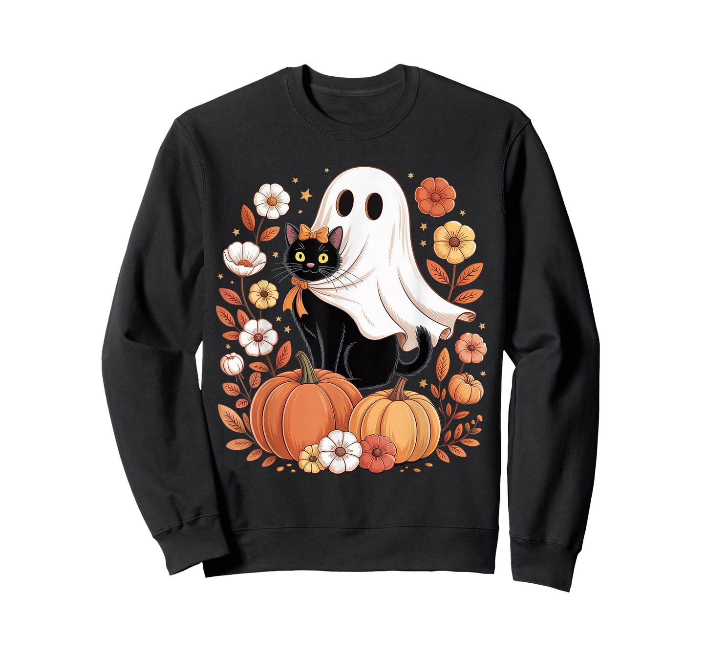 Vintage Black Cat and Ghost with Pumpkins Flowers Halloween T-Shirt