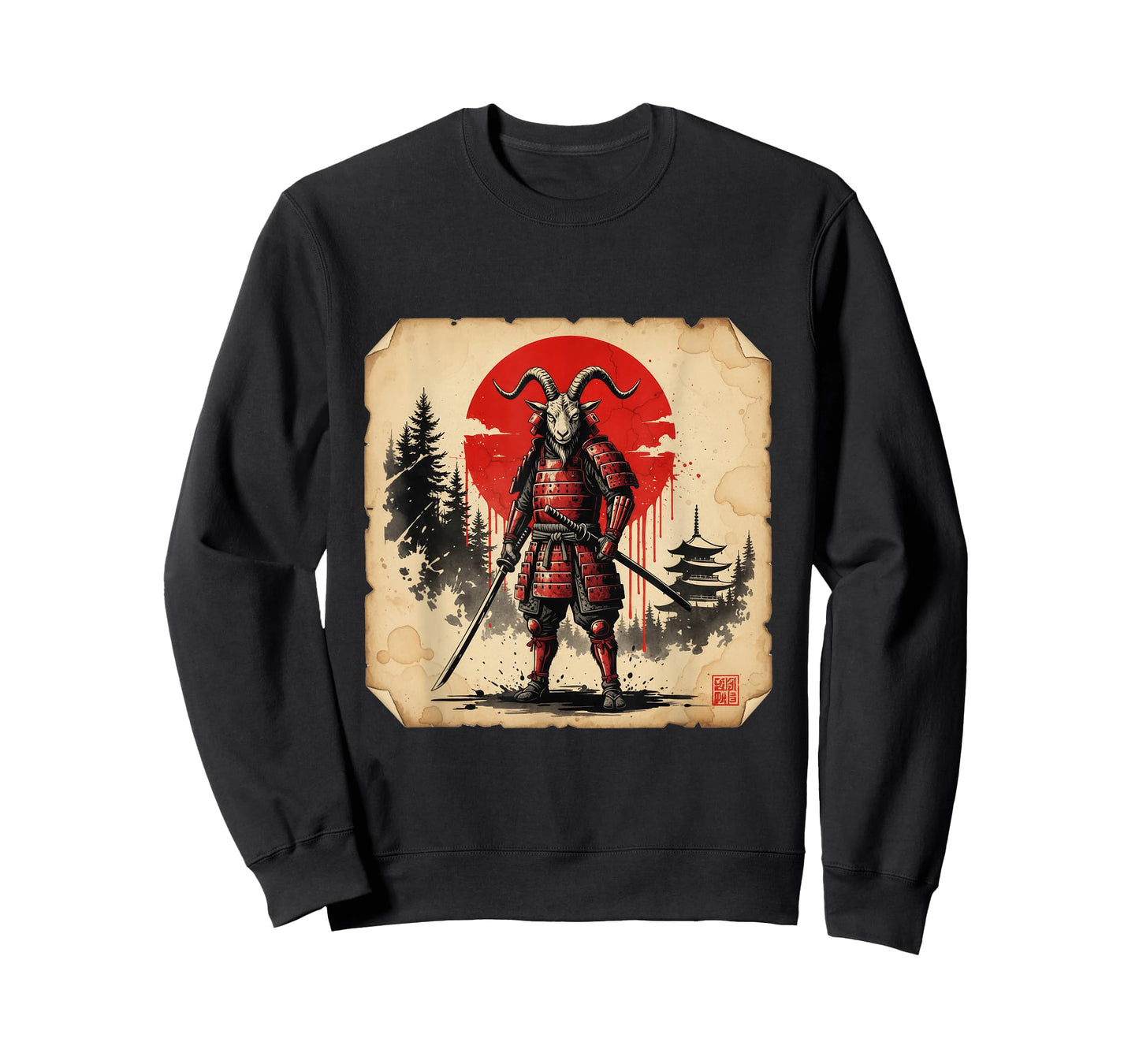 Epic Samurai Goat Japanese Warrior Dark Ink Art T-Shirt