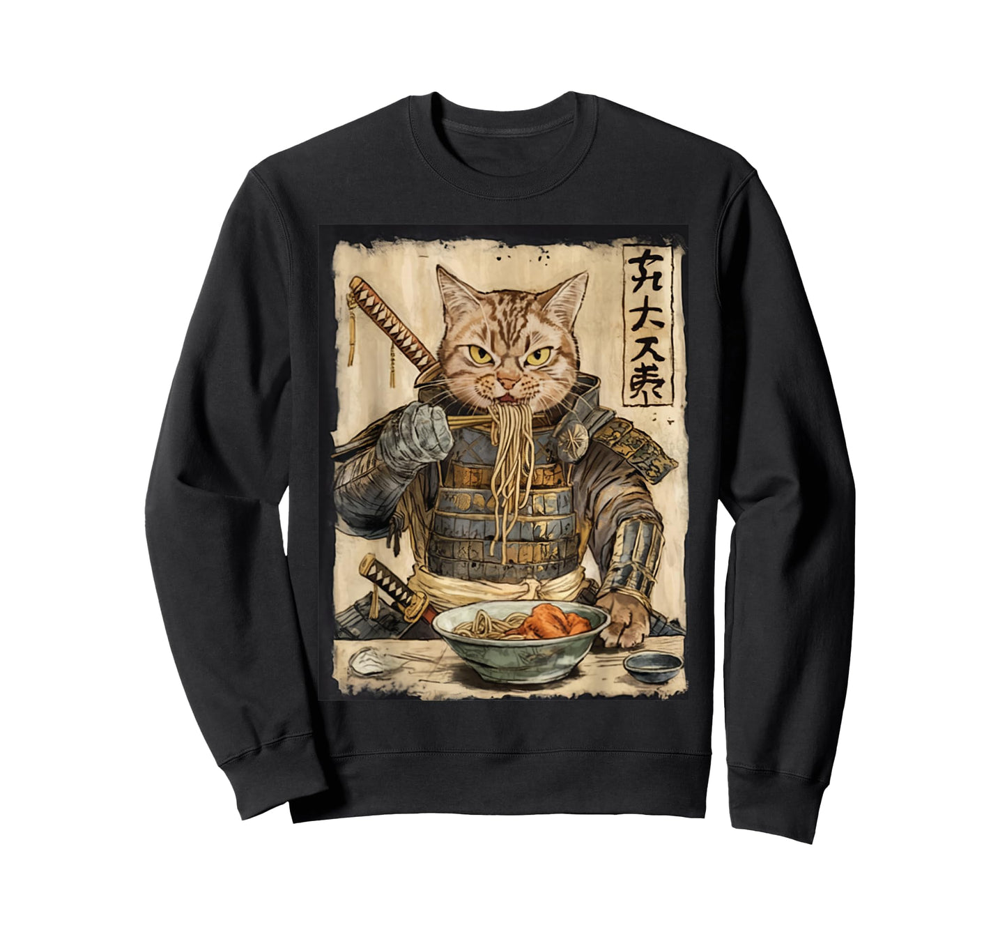 Samurai Cat Loves Ramen Funny Anime Japanese Artwork Samurai T-Shirt