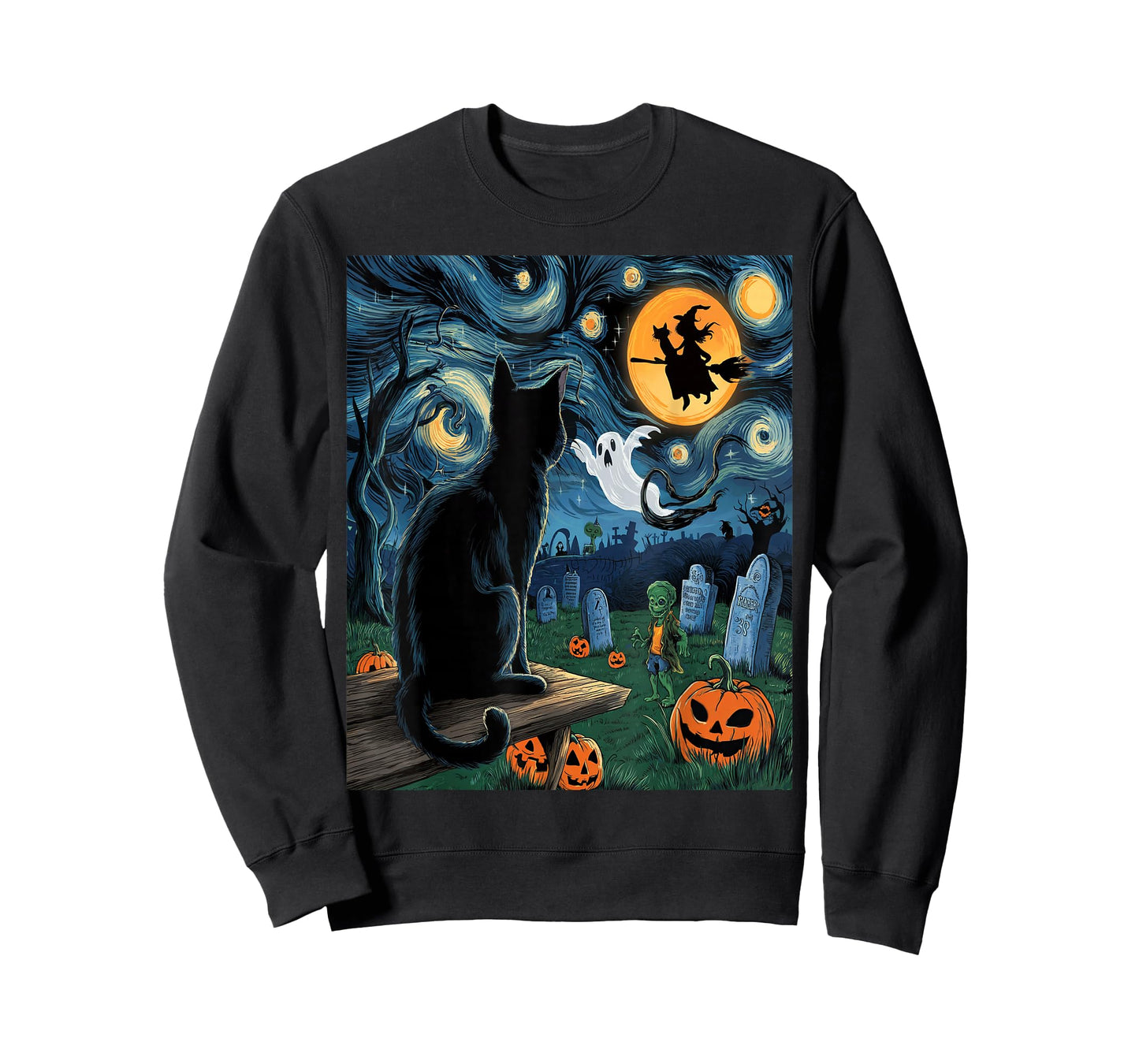 Halloween Van Gogh Starry Night Black Cat Pumpkins Witch T-Shirt