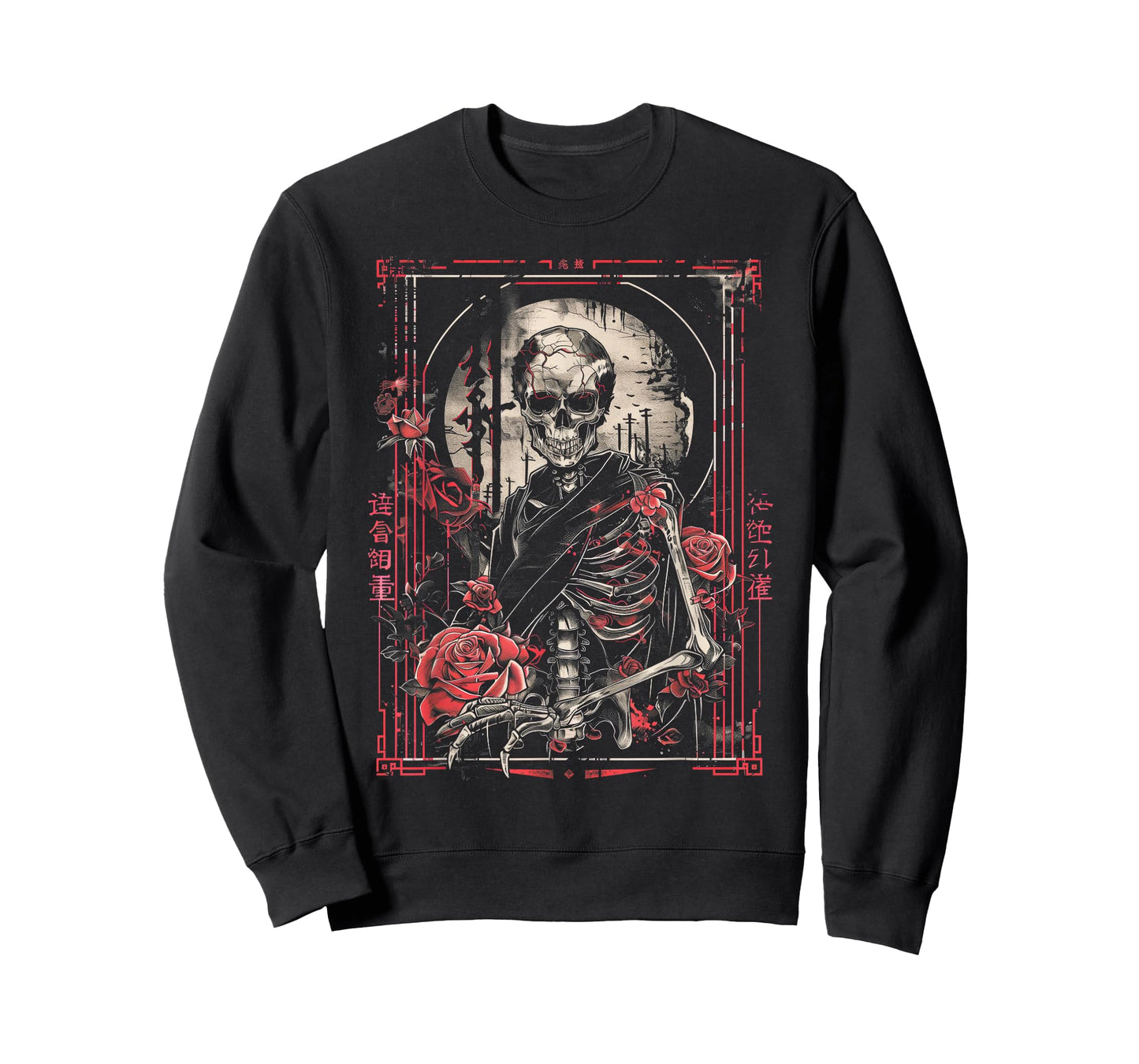 Anime Japanese Goth Cyberpunk City Skeleton Roses Gothic T-Shirt
