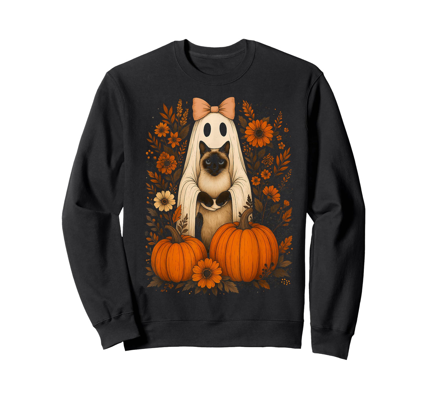 Vintage Halloween Ghost Holding Siamese Cat T-Shirt