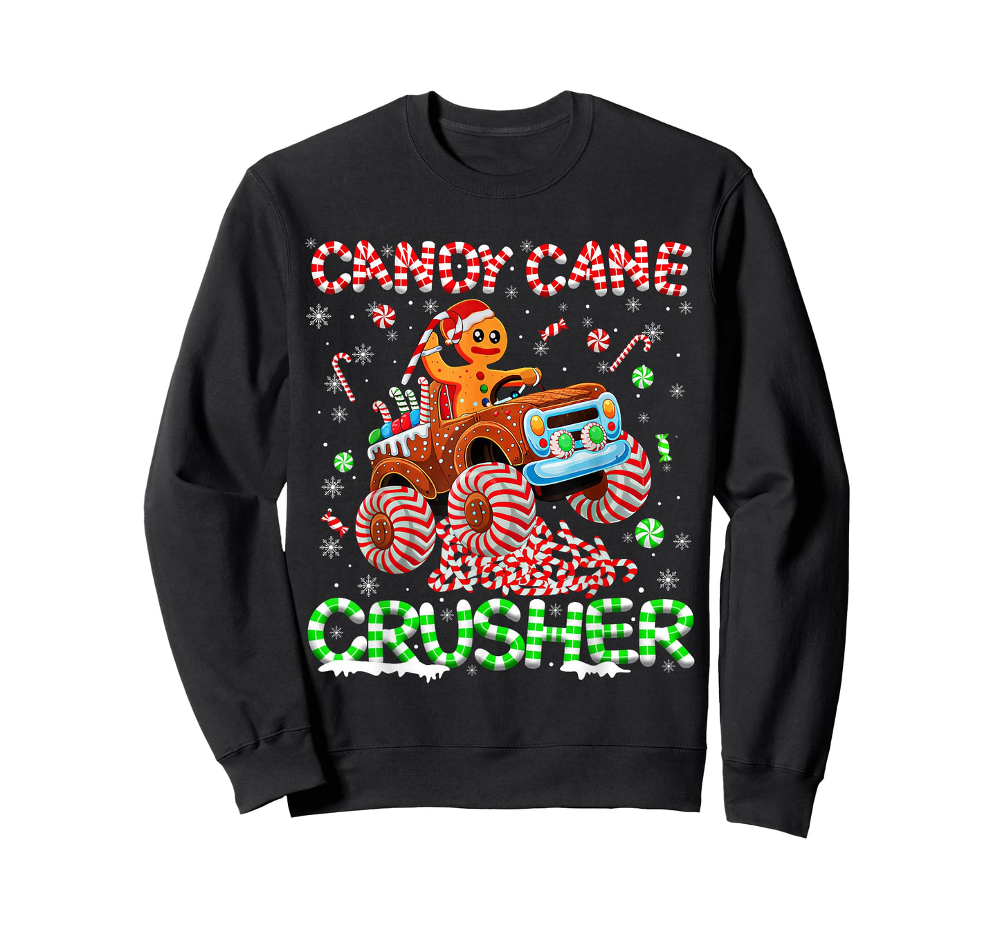 Kids Christmas Gingerbread Candy Cane Crusher Monster Truck T-Shirt