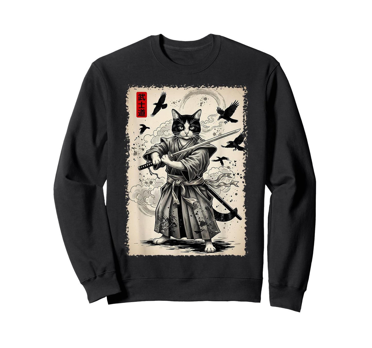 Samurai Cat Graphic Tee Warrior Vintage Japanese Art Anime T-Shirt