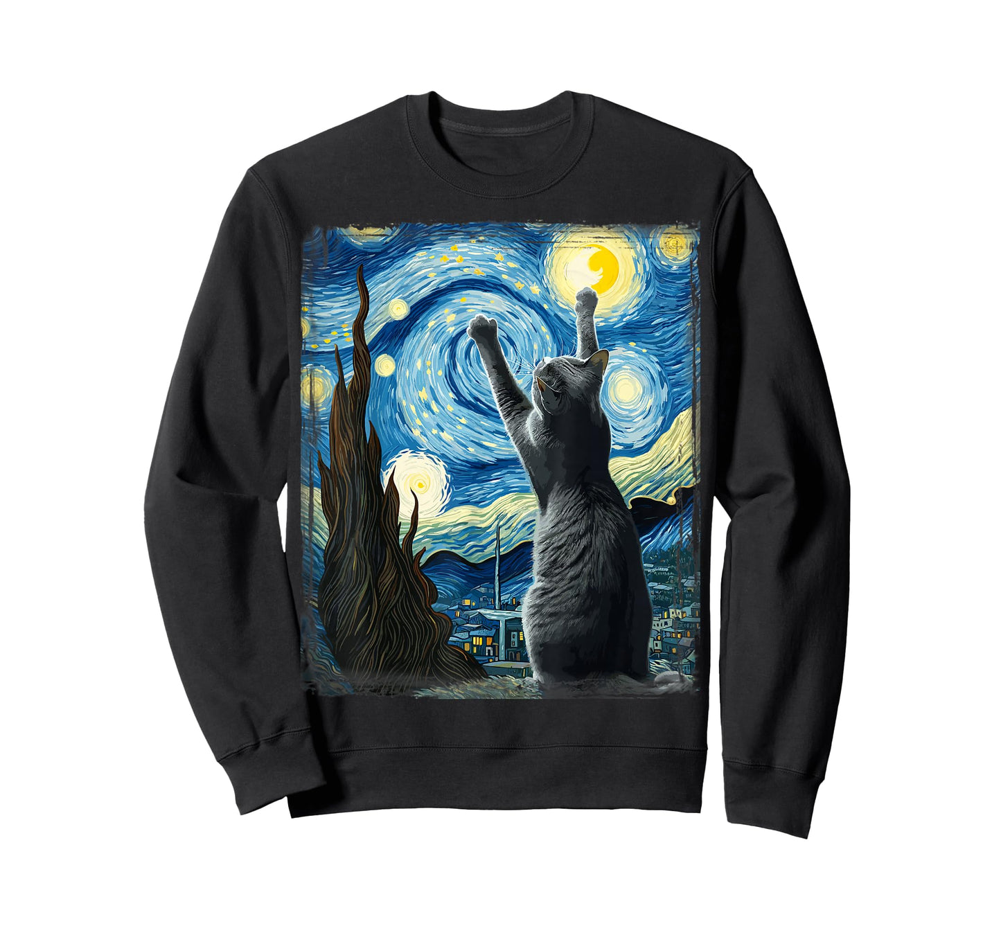 Van Gogh Starry Night Style Artistic Russian Blue Cat T-Shirt