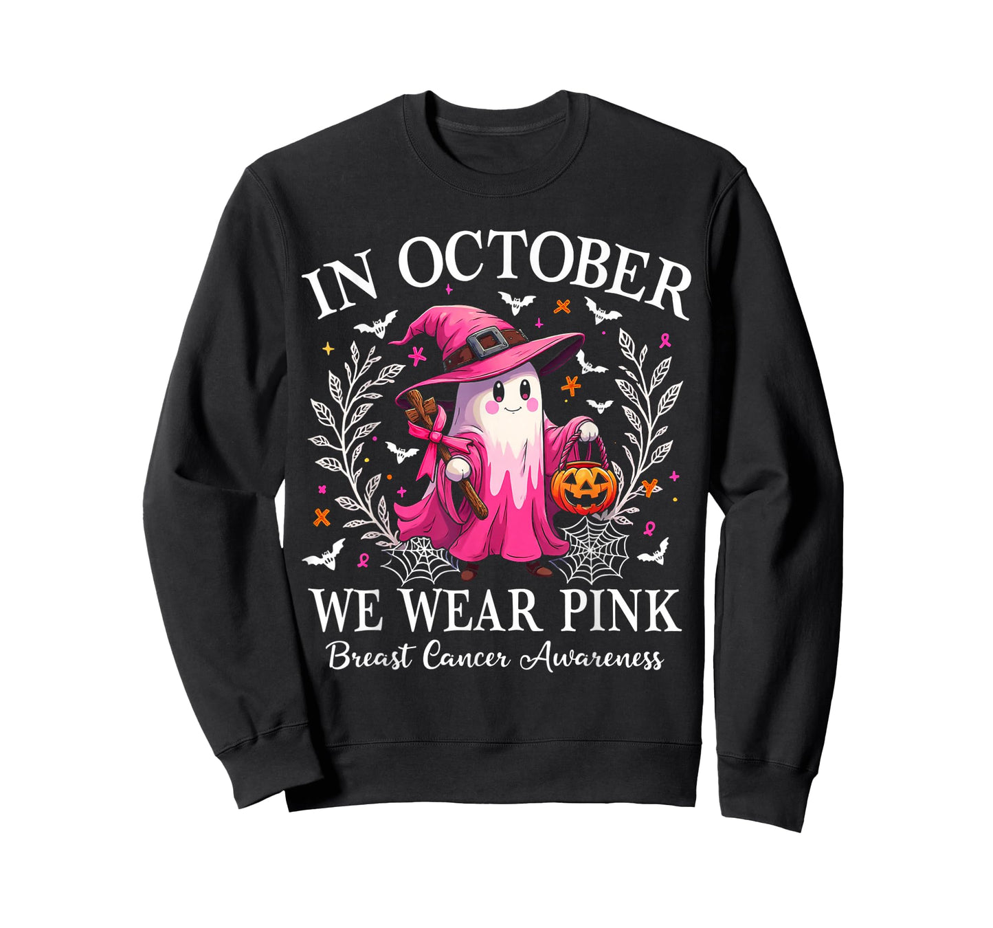 Breast Cancer Awareness 2025 Cute Pink Ghost with Witch Hat T-Shirt