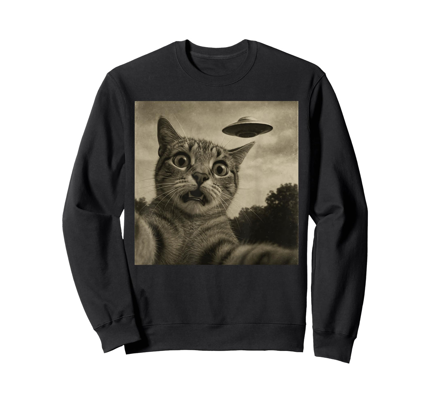 Funny Alien Cat Selfie with UFOs Idea Men Women Kids T-Shirt