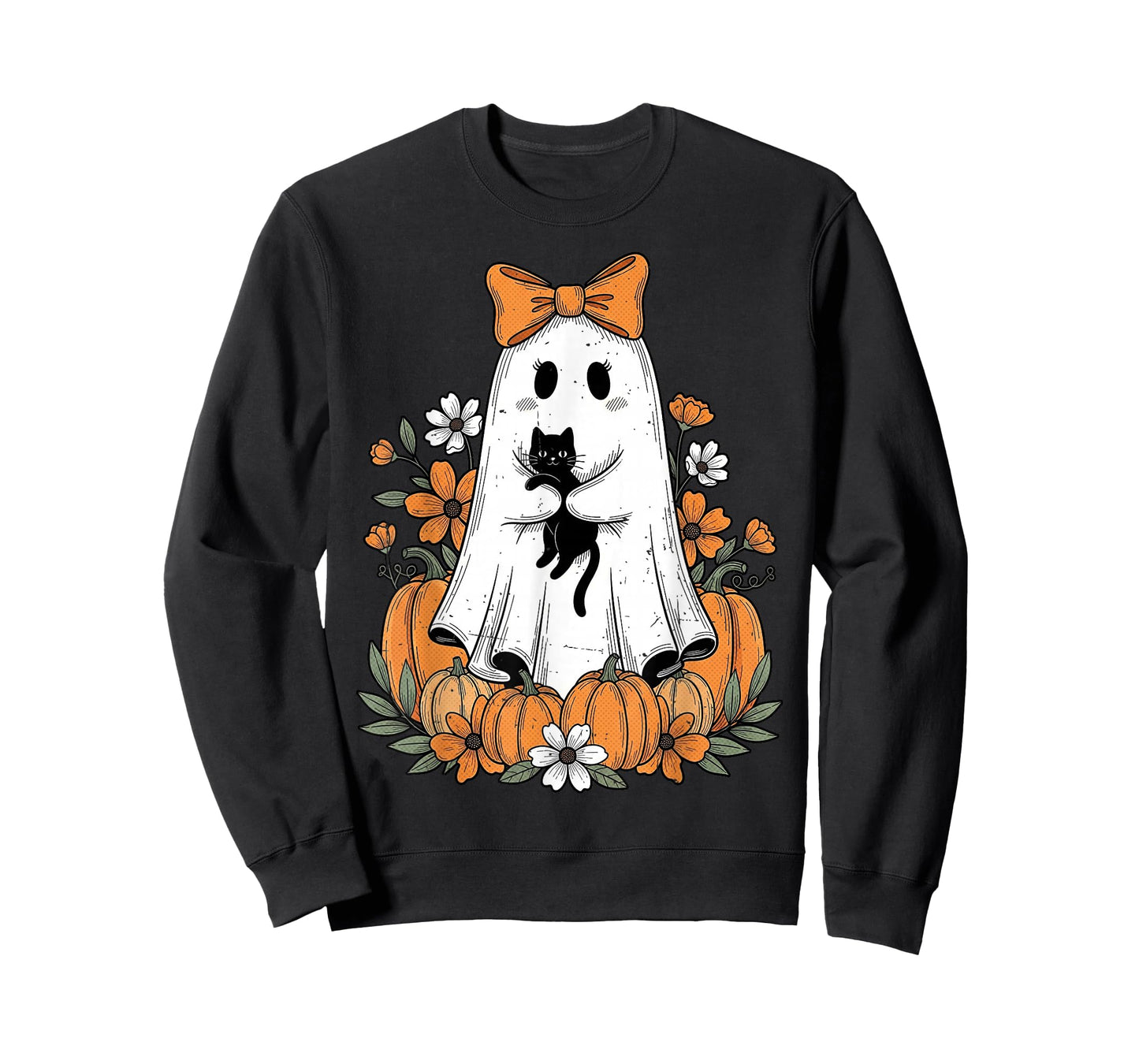 Retro Halloween Cute Ghost Holding Black Cat Floral Pumpkin T-Shirt