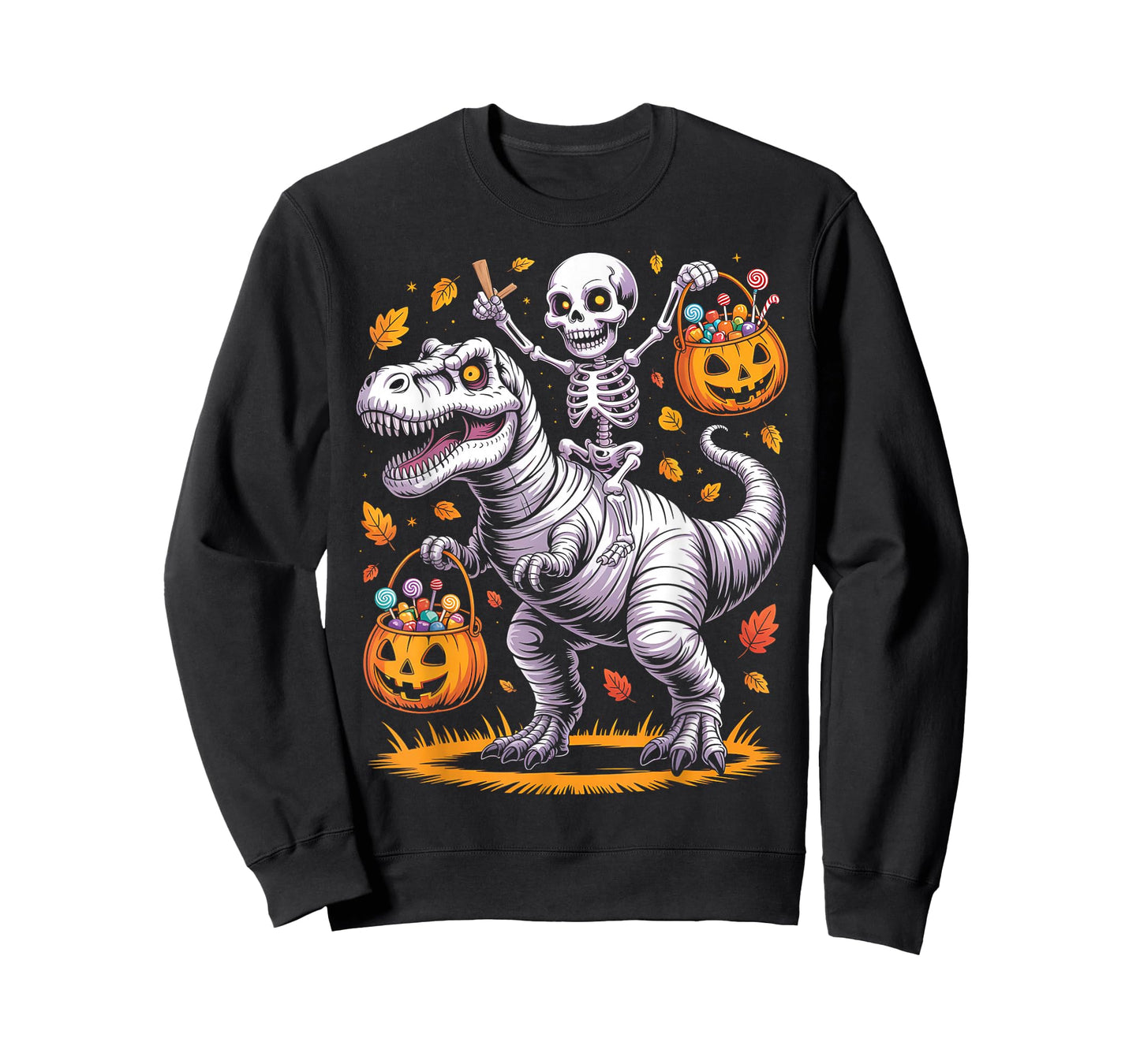 Skeleton Riding Mummy Dinosaur T rex Halloween Funny Pumpkin T-Shirt