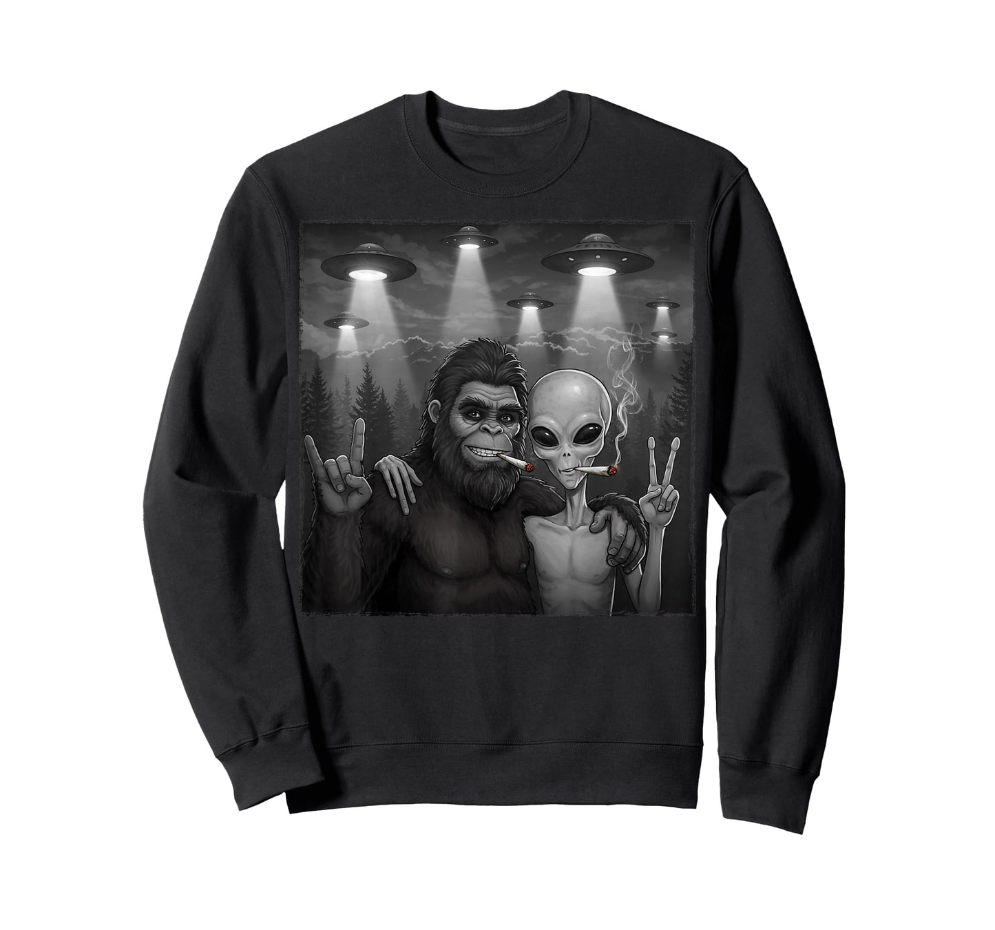 Bigfoot Alien Sasquatch Rock On Peace Hand Sign Marijuana T-Shirt
