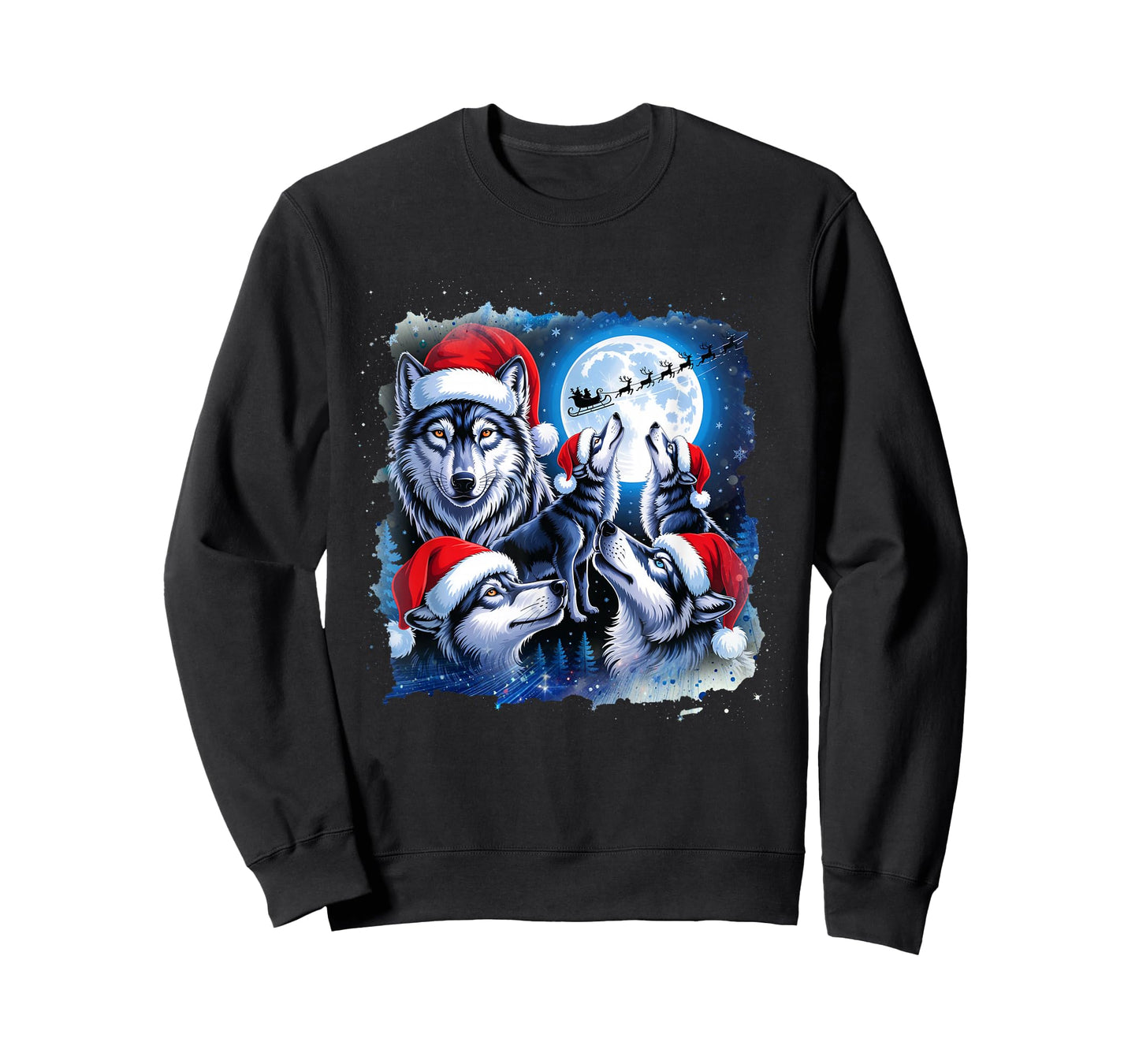 Wolves Howling Under Moon Christmas Santa Funny Wolf Xmas T-Shirt