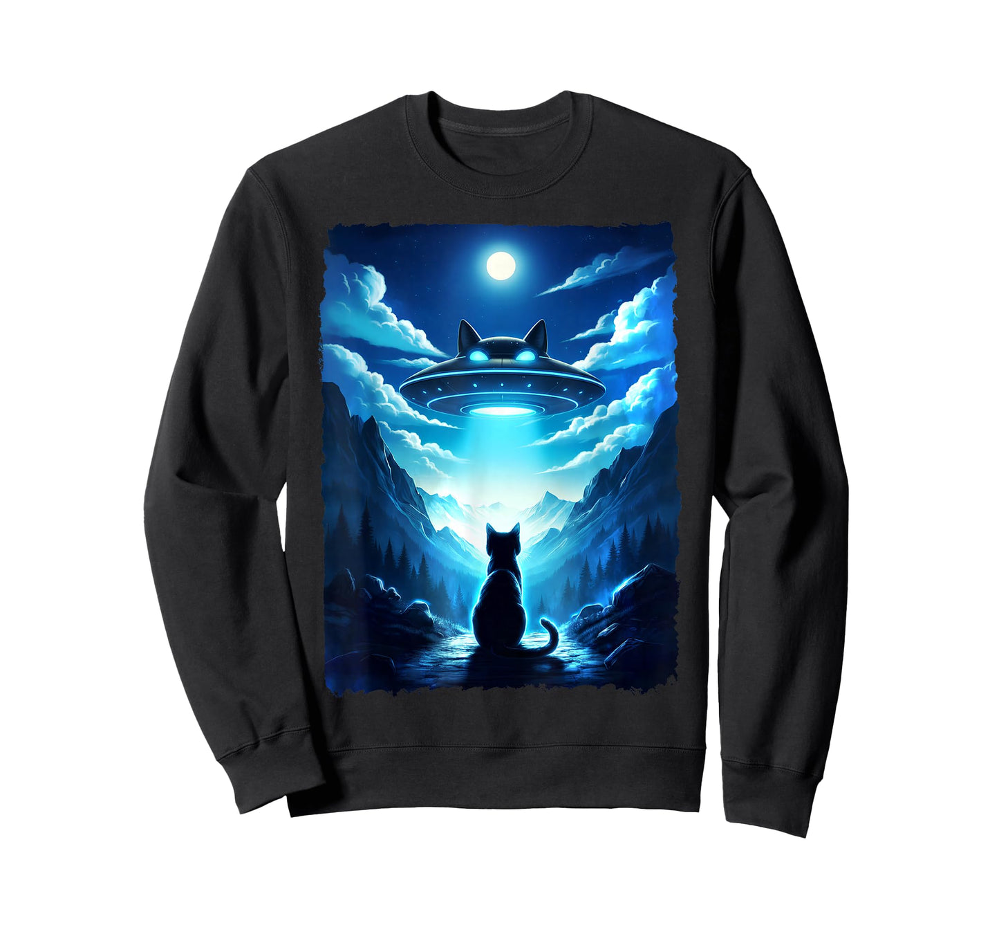 Alien Cat UFO Spaceship Night Sky Fantasy Funny Sci-Fi Art T-Shirt