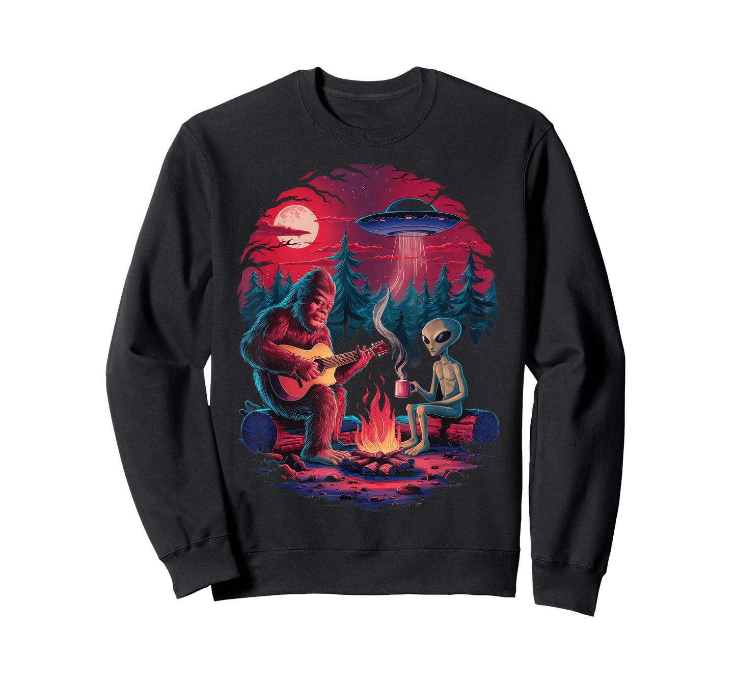 Funny Alien and Bigfoot Campfire Moon UFO Adventure Hiking T-Shirt