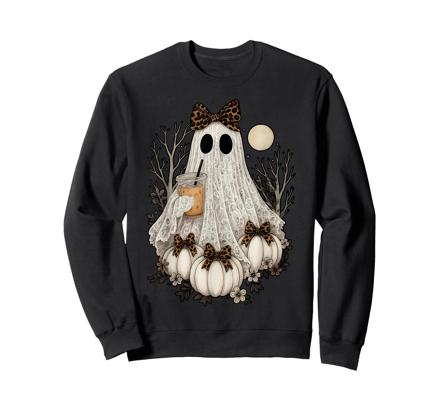 Ghost Coffee Pumpkin Coquette Bow Leopard Halloween Spooky T-Shirt