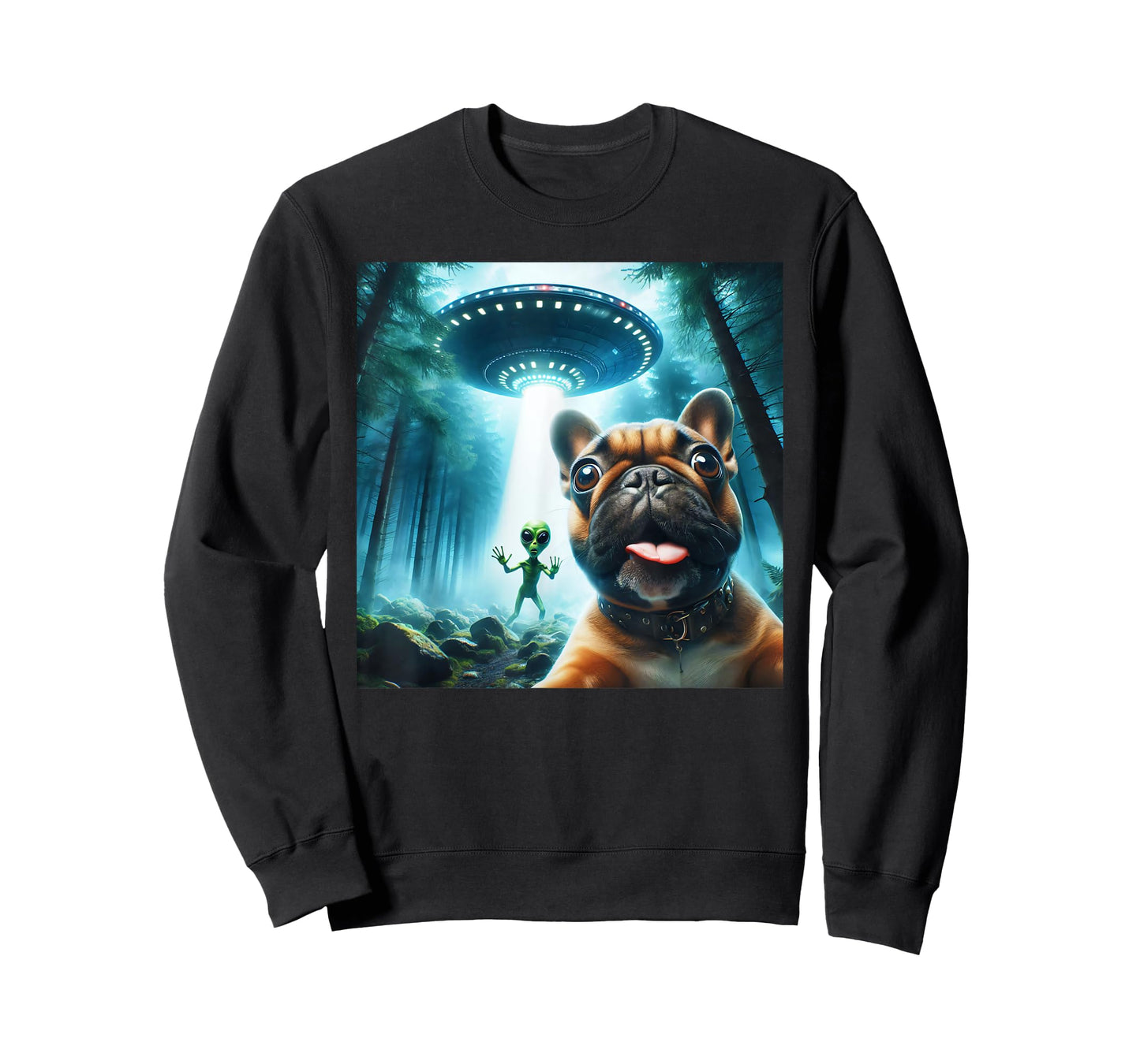 French bulldog selfie with alien UFO cool alien art T-Shirt
