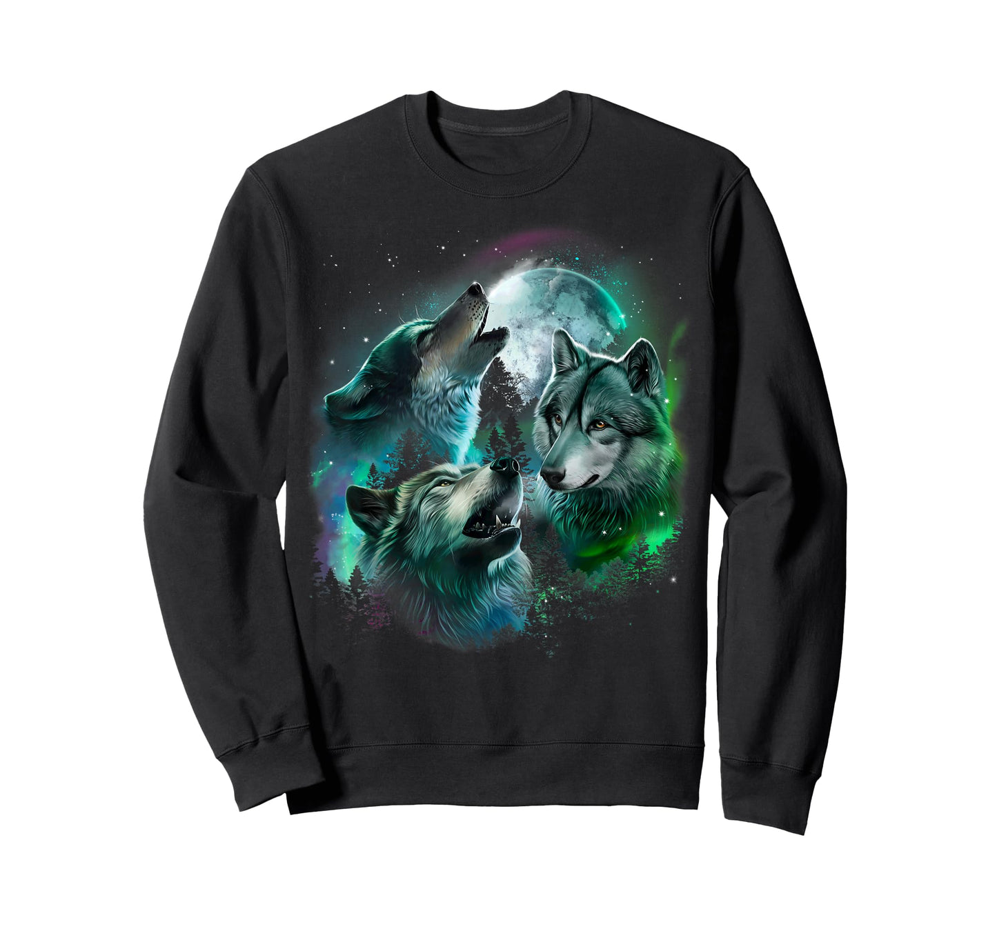 Grey Wolf Hunting in the Forest under Full Moon and Aurora T-Shirt