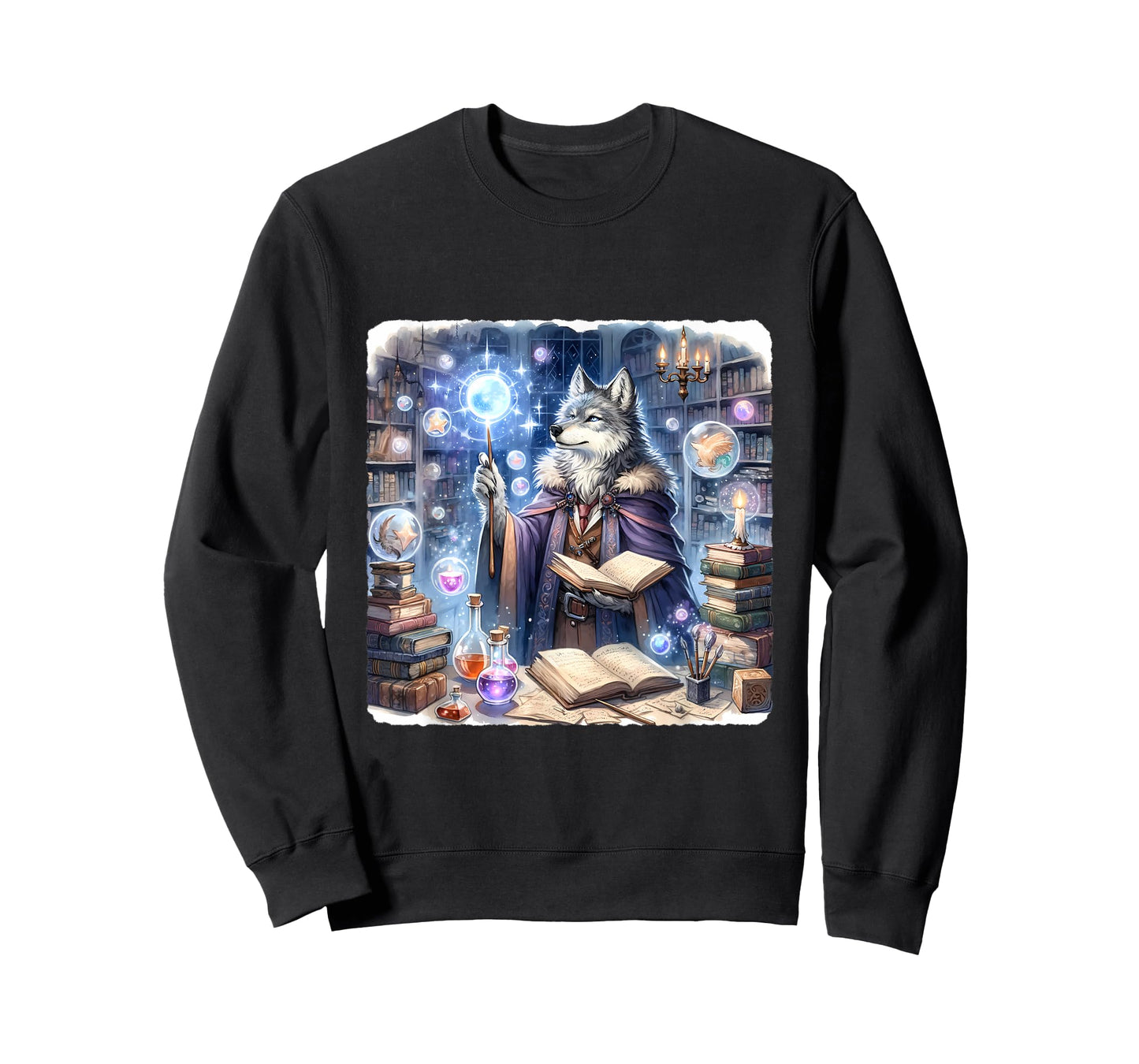 Wolf Wizard Casting Spells With Luminous Wand. Books Potions T-Shirt