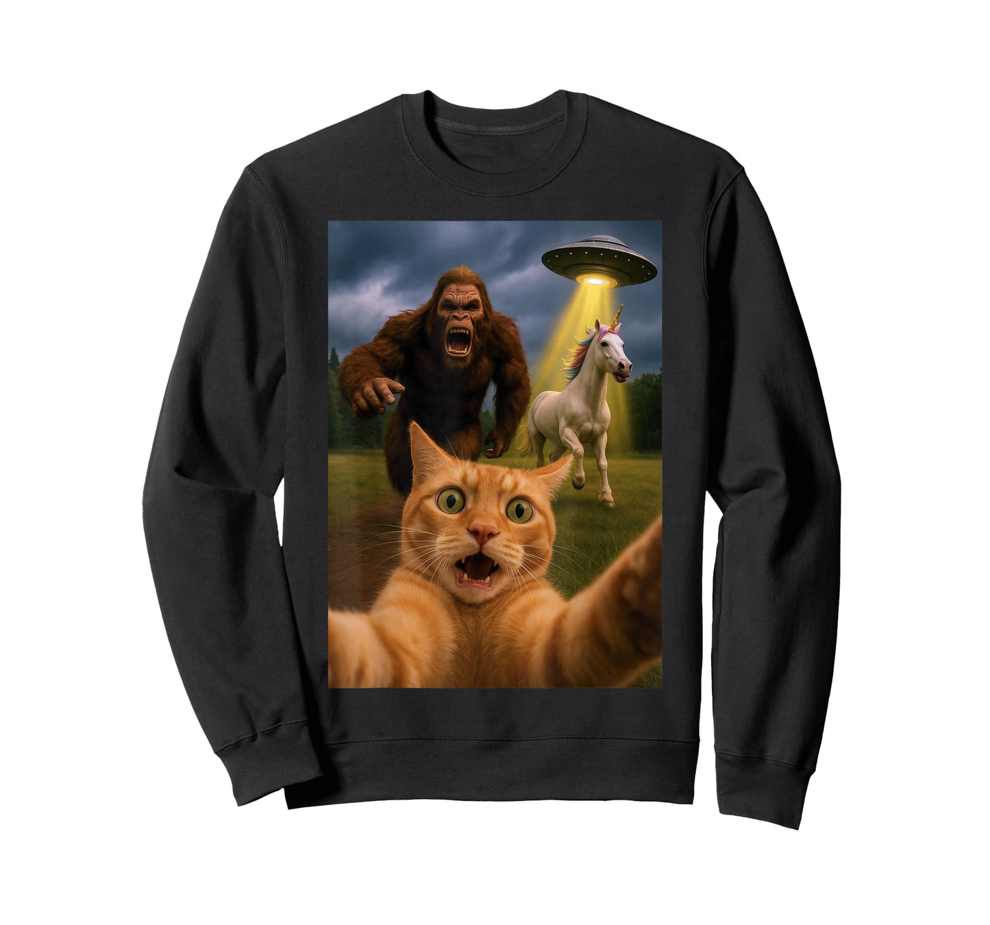 Funny Graphic Tee Cat Selfie with Bigfoot Unicorn Alien UFO T-Shirt