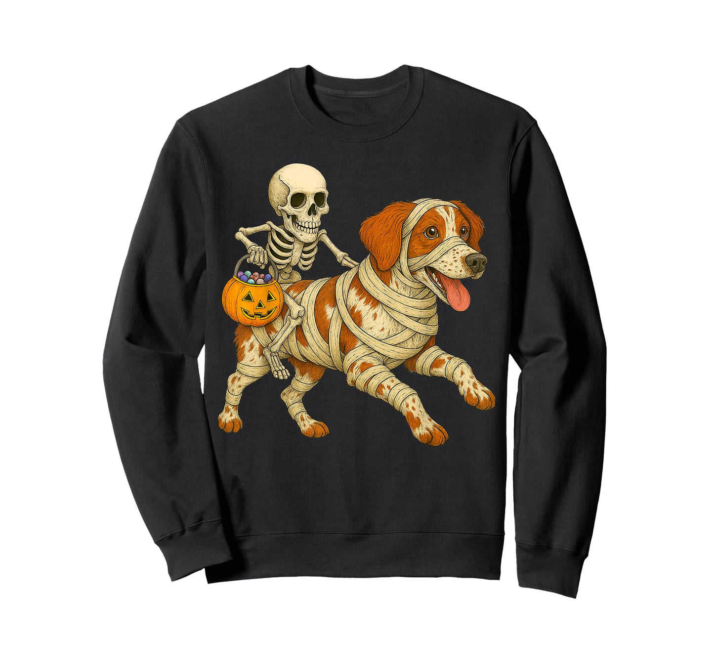 Skeleton Riding Mummy Brittany Spaniel Dog Halloween Funny T-Shirt