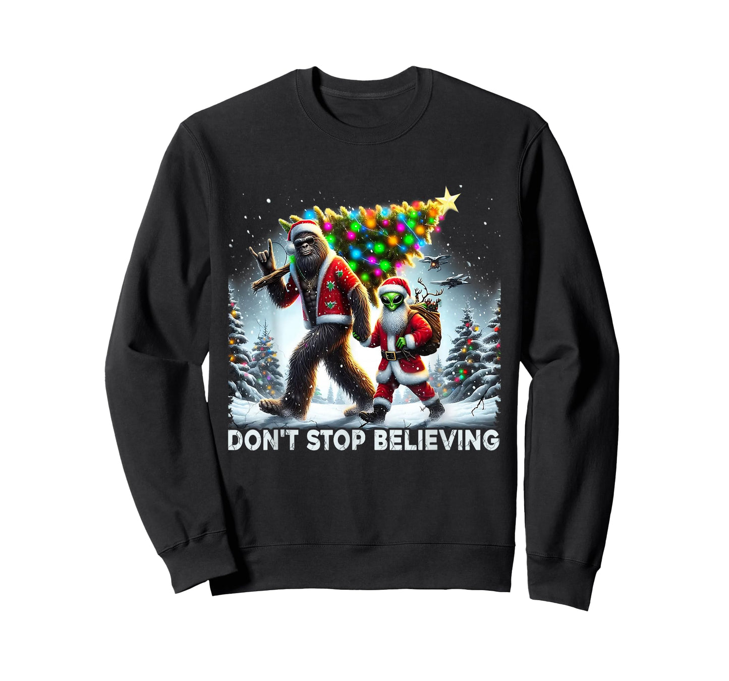 Believe Funny Alien and Santa Christmas Design T-Shirt