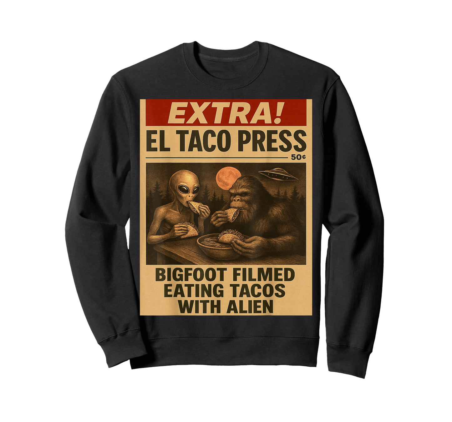 Bigfoot and Alien Eating Tacos Funny Vintage Newspaper UFO T-Shirt