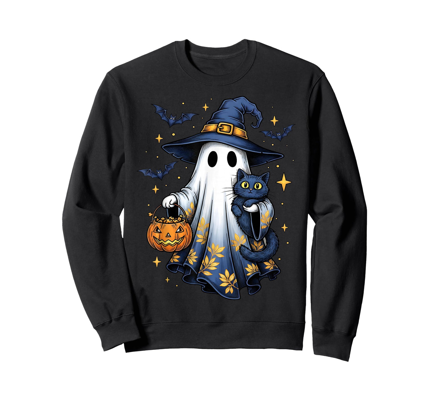 Halloween Ghost Witch Holding Black Cat Funny Halloween T-Shirt