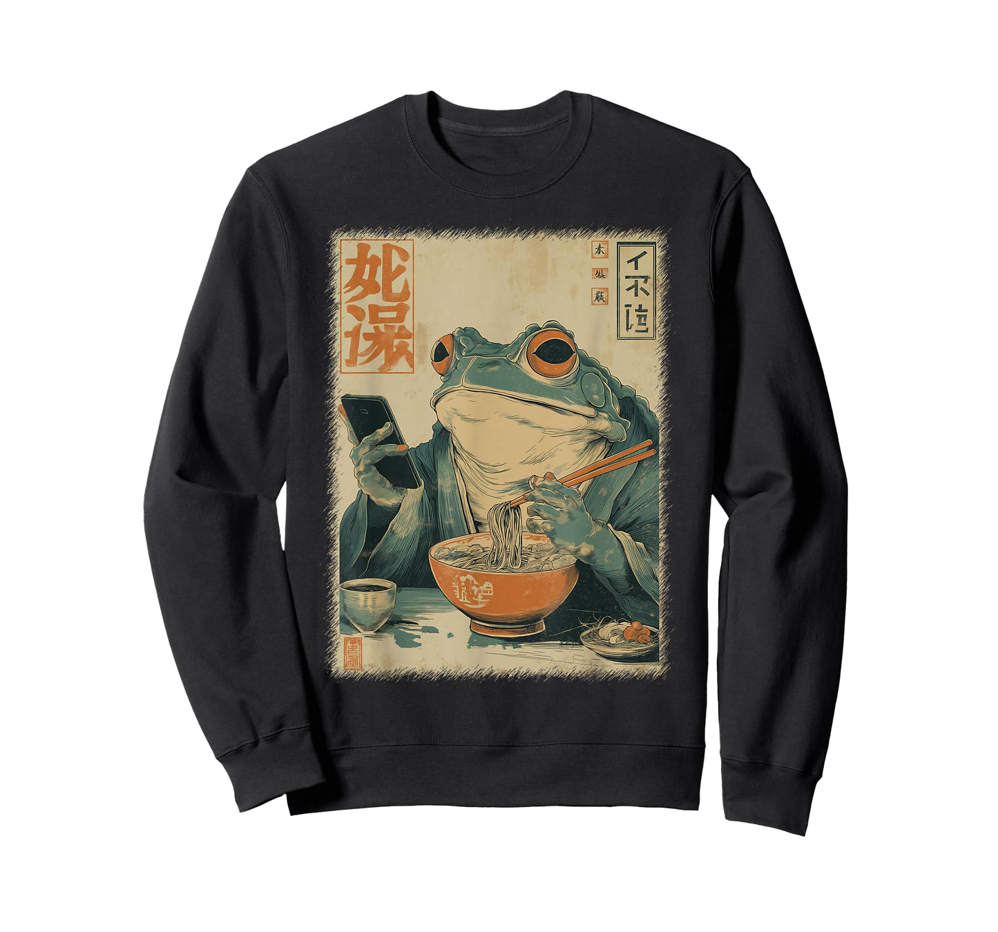 Funny Grumpy Frog Eat Ramen and Scroll Phone Japanese Art T-Shirt