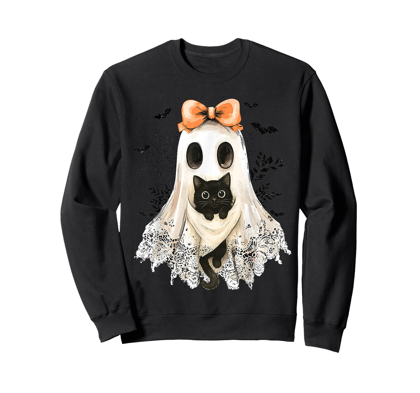Retro Lace Ghost Coquette Black Cat Spooky Halloween Women T-Shirt