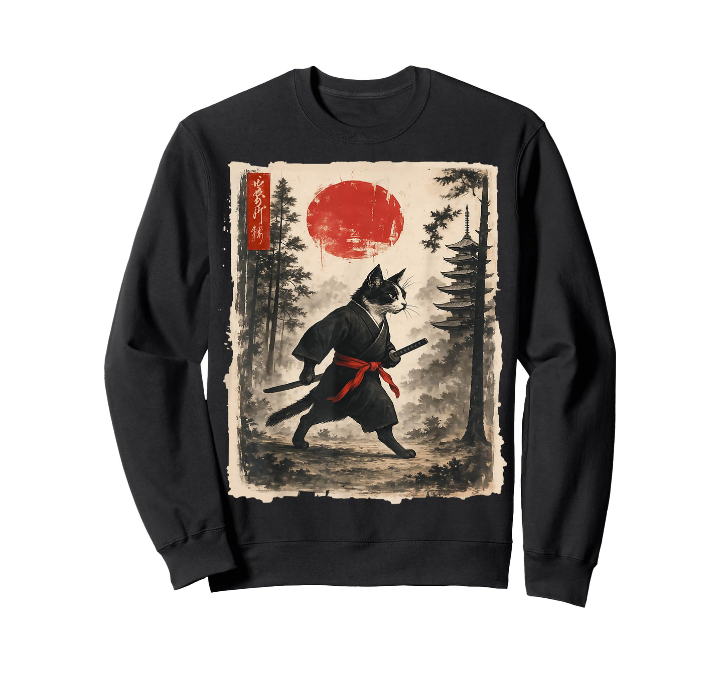 Samurai Cat Graphic Tee Warrior Vintage Japanese Art T-Shirt