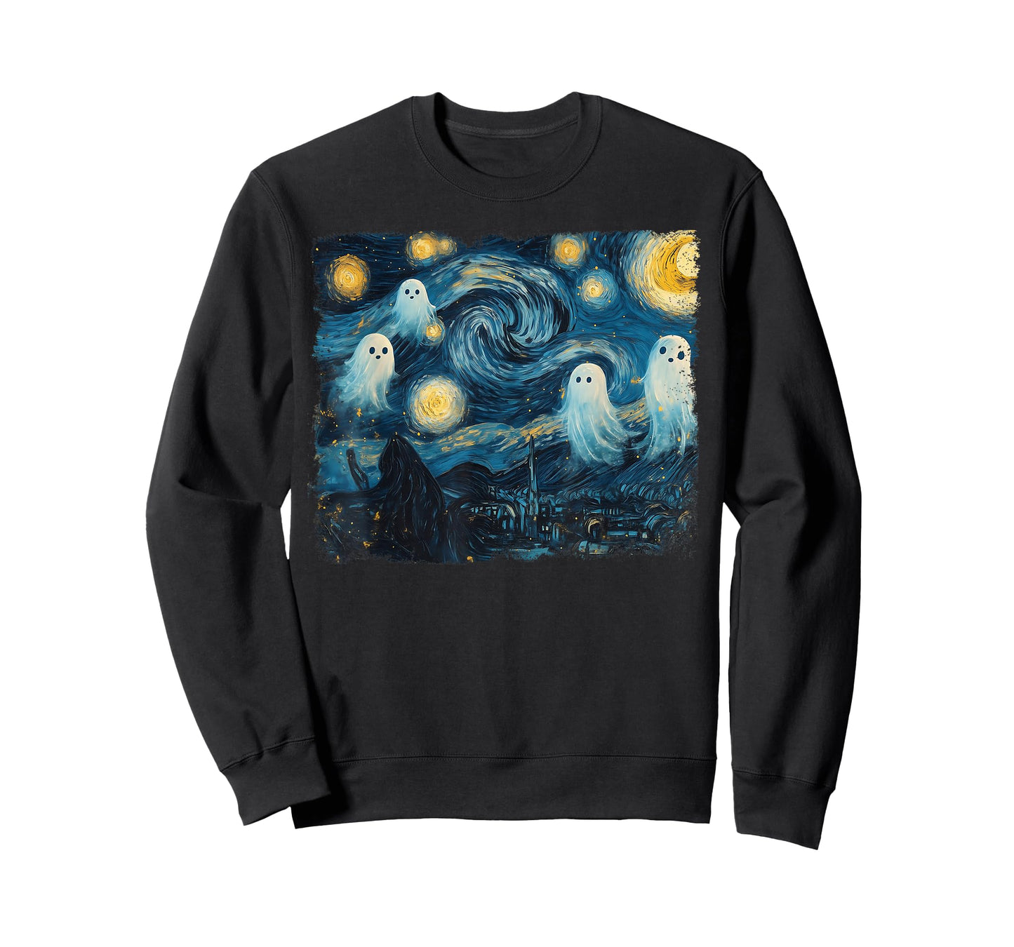 Cute Ghost Starry Night Halloween Spooky Retro Van Gogh Art T-Shirt