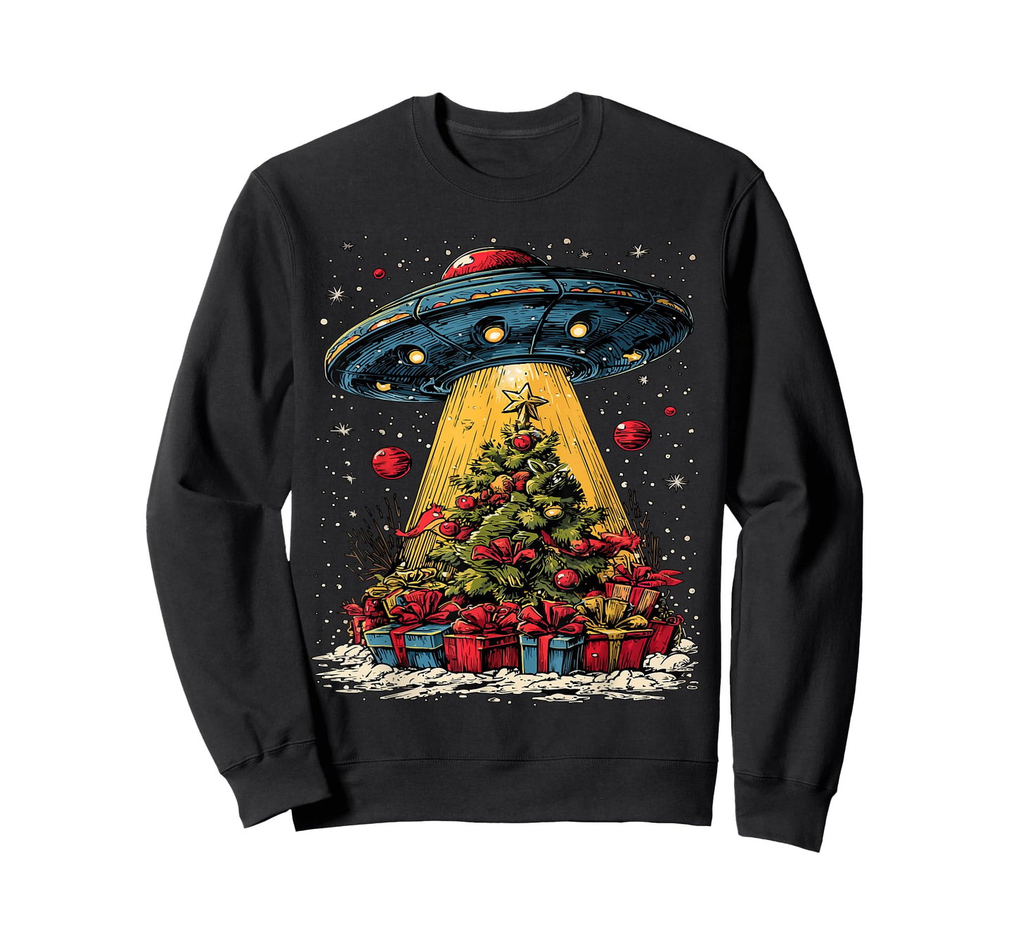 Funny Christmas Tree and UFO Snowflakes Alien Lovers Snowy T-Shirt