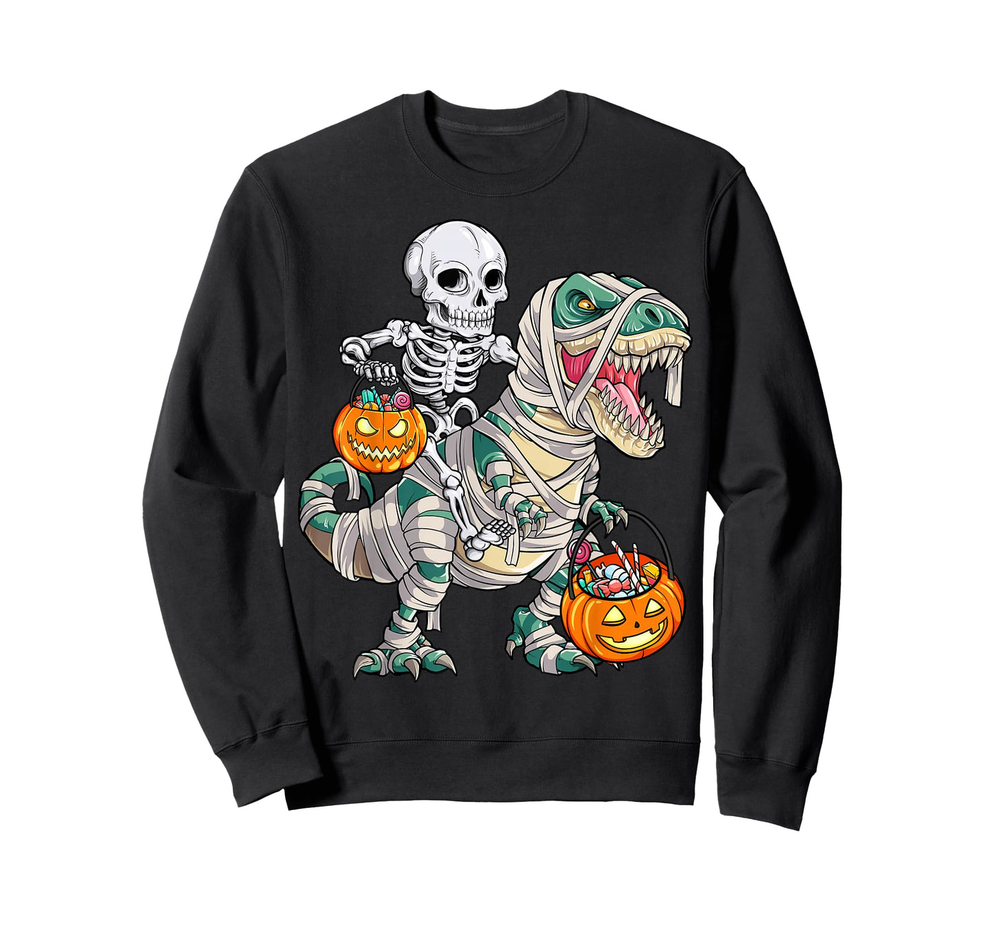 Skeleton Riding Mummy Dinosaur T rex Halloween Funny Pumpkin T-Shirt