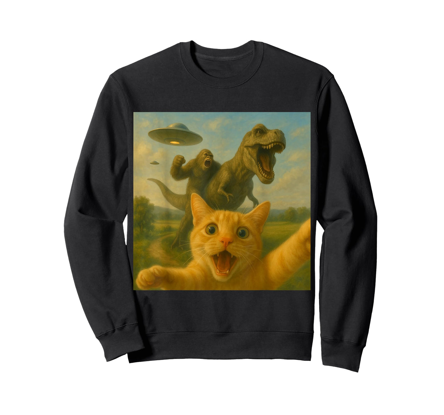 Funny Surprised Scared Cat Selfie T-Rex Dinosaur Bigfoot UFO T-Shirt