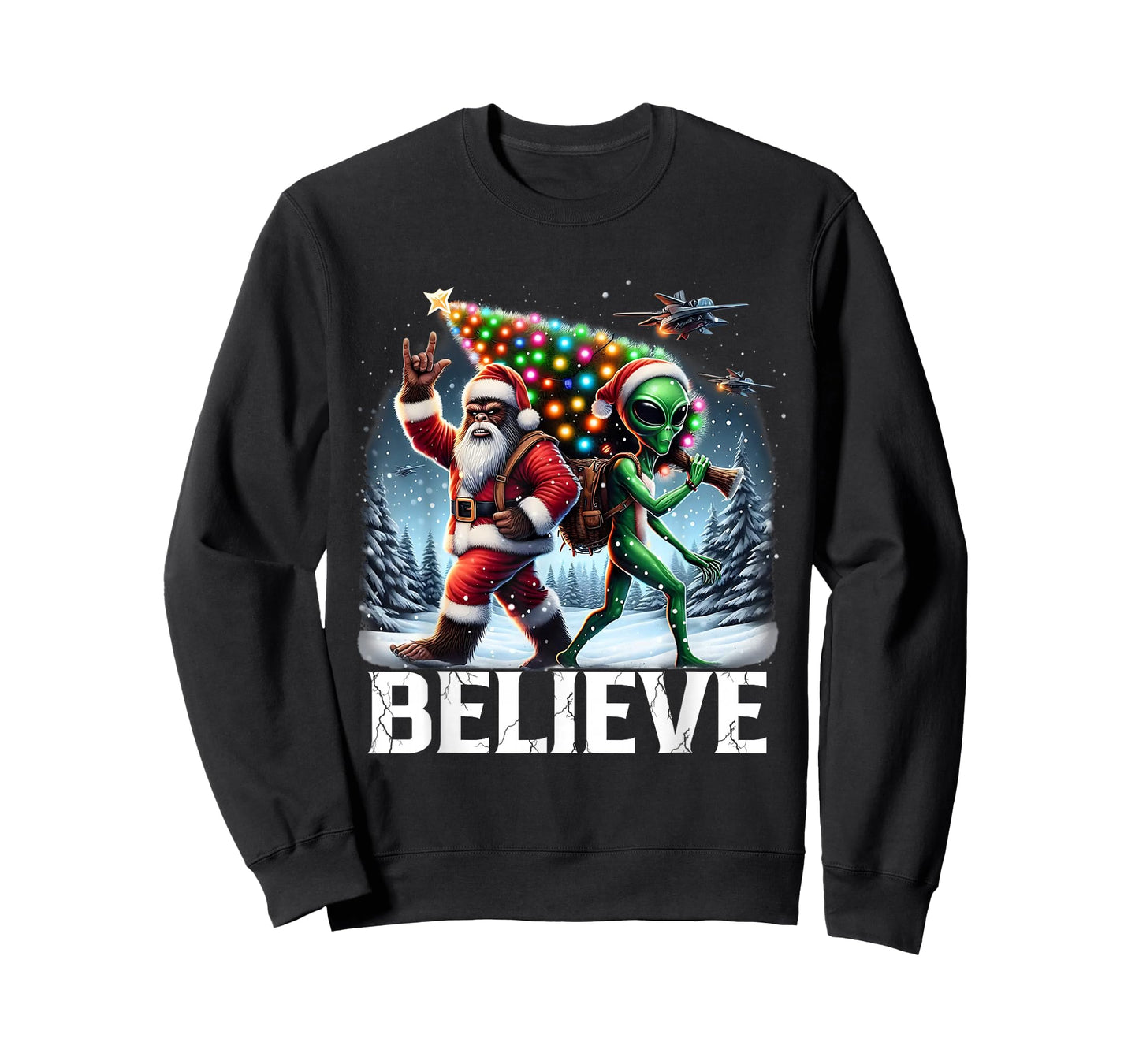 Believe Funny Alien and Bigfoot Christmas Design T-Shirt
