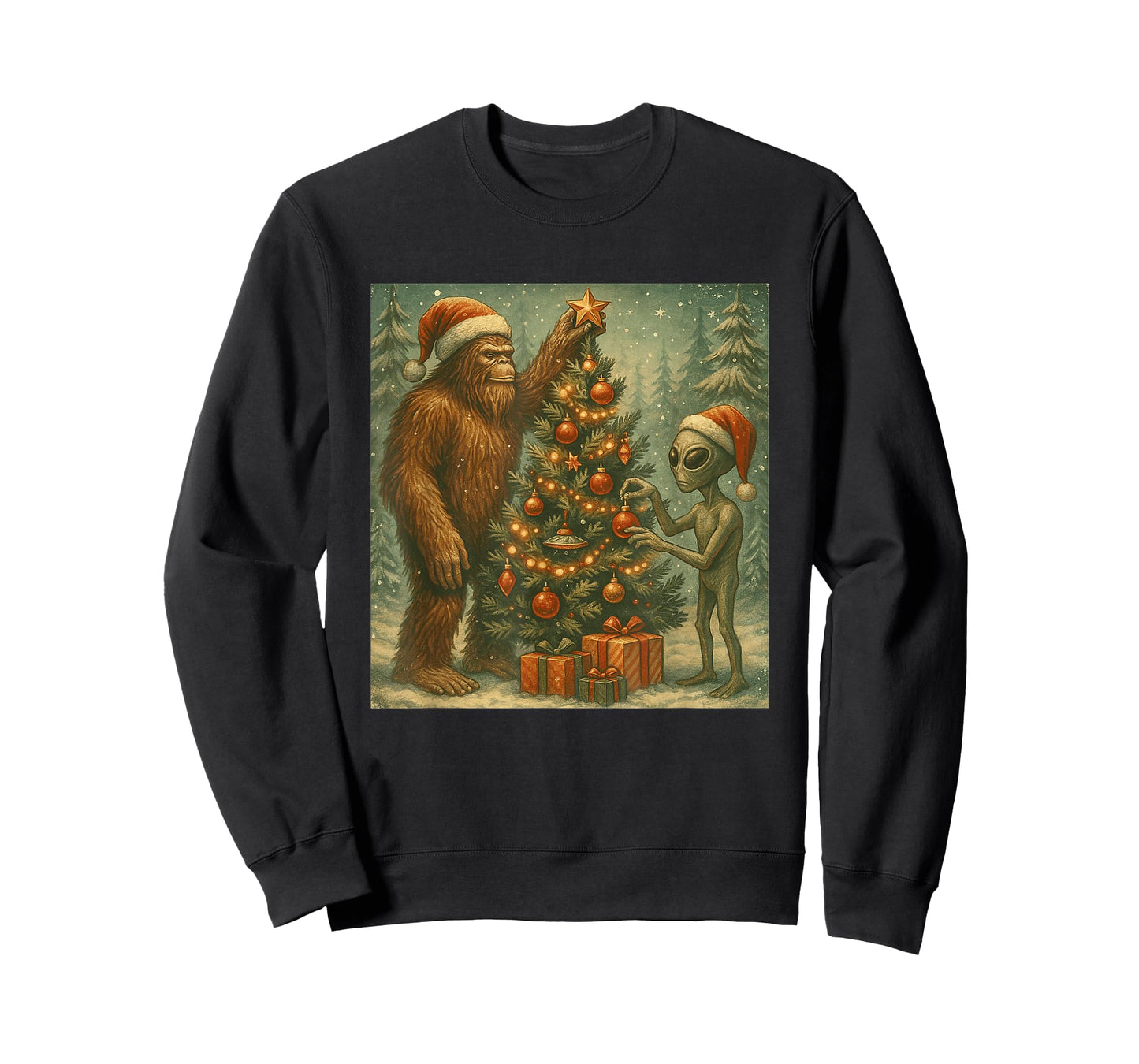 Alien and Bigfoot Decorating Christmas Tree Sasquatch Retro T-Shirt