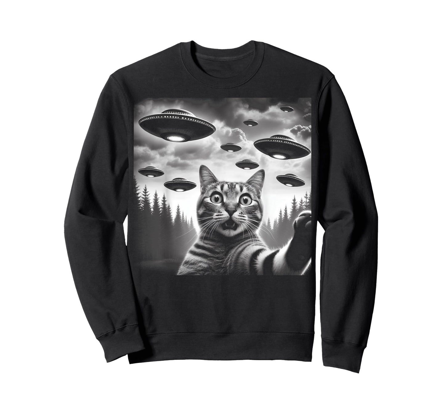 Funny Cat Selfie with UFOs T-Shirt for Men Women Kids
