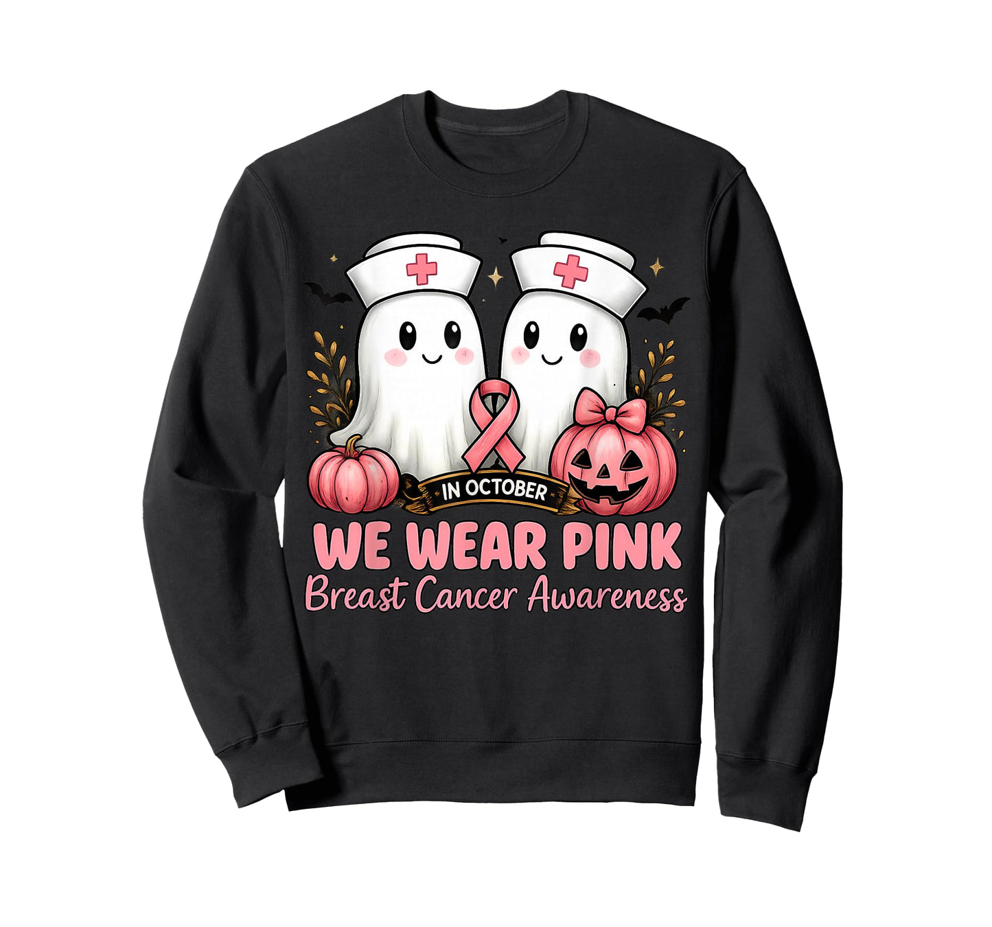 in October We Wear Pink Ghost Nurse Breast Cancer Awareness T-Shirt
