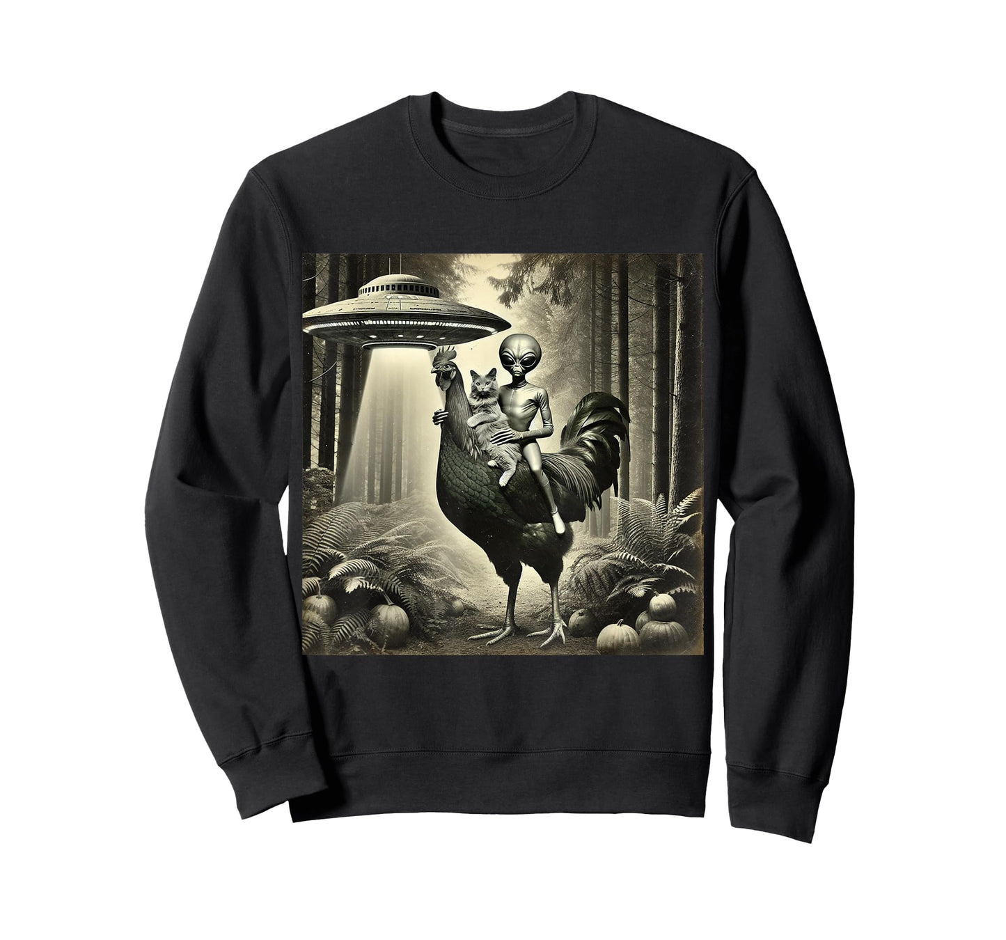 Funny UFO Alien and Cat Lovers Cat With Alien Riding Chicken Unisex-Adults, Unisex-Kids Black Short Sleeve T-Shirt