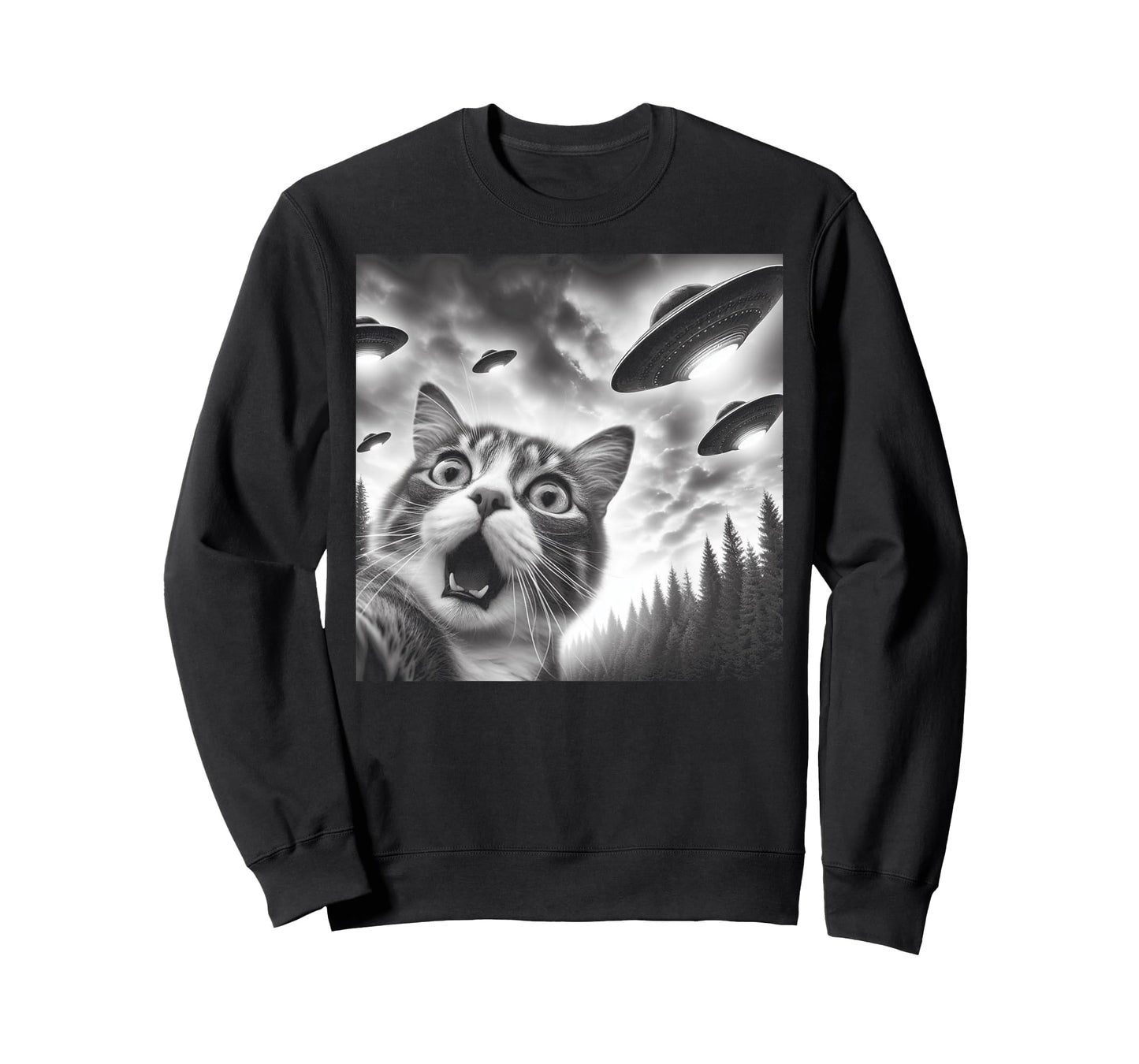 Funny Cat Selfie with UFOs Men Women Kids T-Shirt