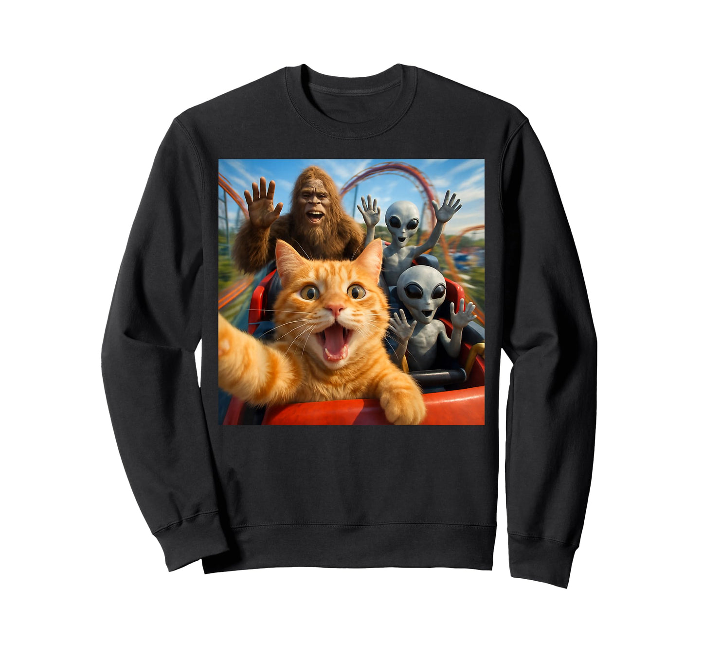 Funny Cat Selfie with Big Foot & Alien Roller Coaster Meme T-Shirt