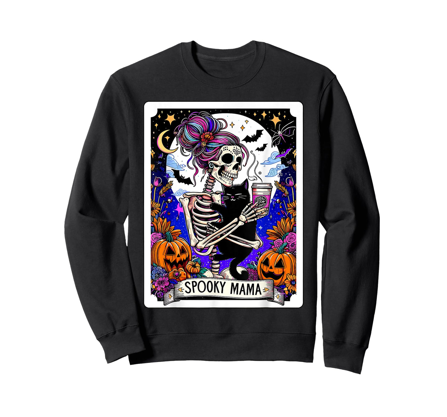 Spooky Mama Tarot Card Halloween Mom Skull Mama Black Cat T-Shirt for Men Women Kids