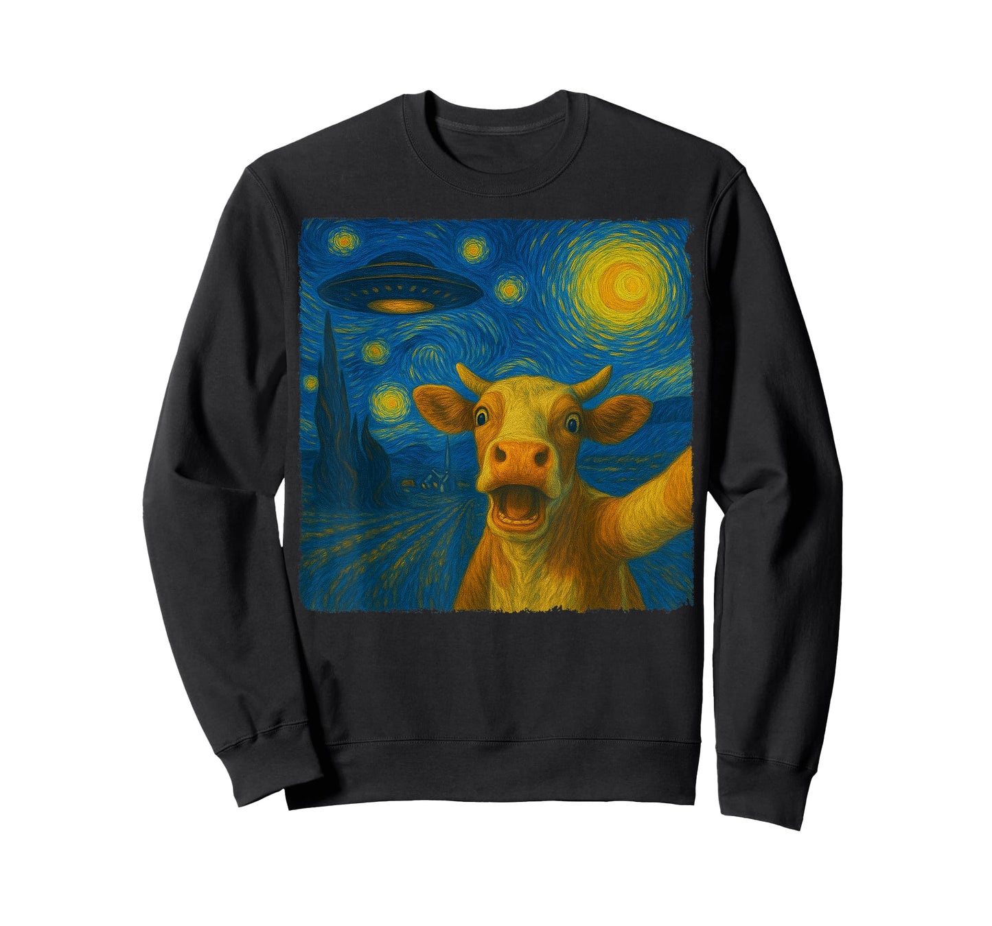 Cow Selfie with UFO Starry Night Van Gogh Gift Men Women Kid T-Shirt
